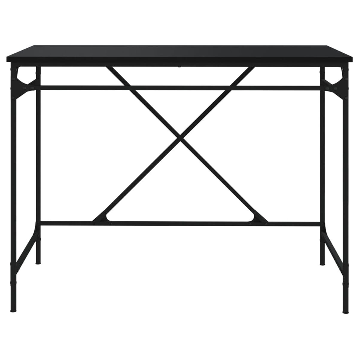 Schwarzer Schreibtisch mit schwarzen Beinen und einem Kreuzdesign. Der Schreibtisch ist freigestellt.