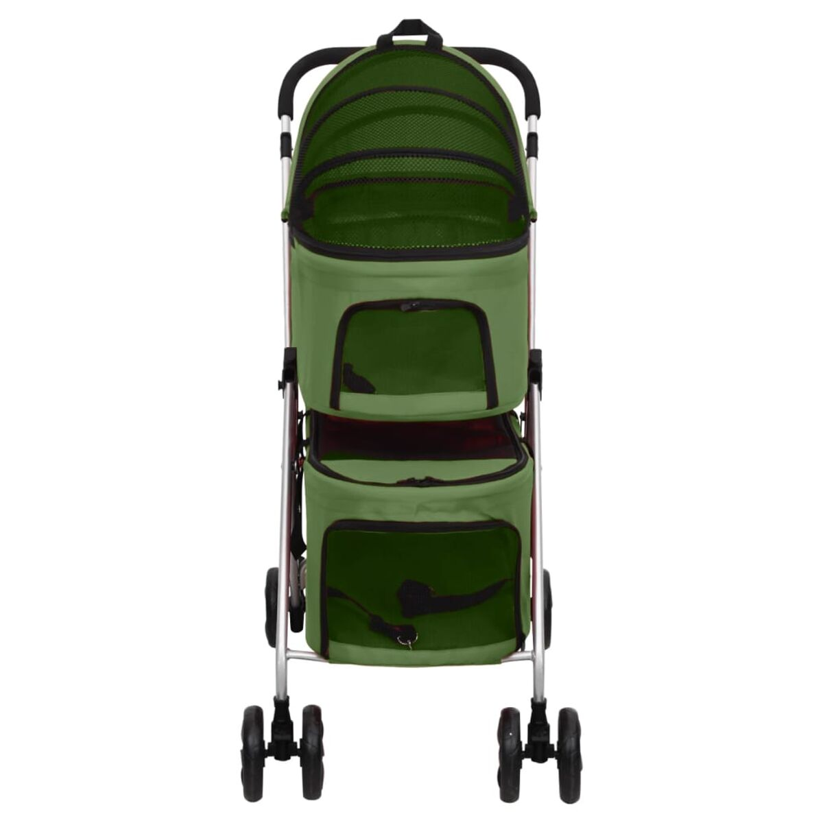 Grüner und silberner Haustier-Kinderwagen mit zwei Fächern.