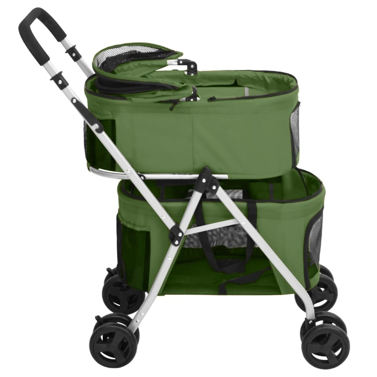 Grüner Haustier-Kinderwagen mit zwei Ebenen, von einer Person geschoben.
