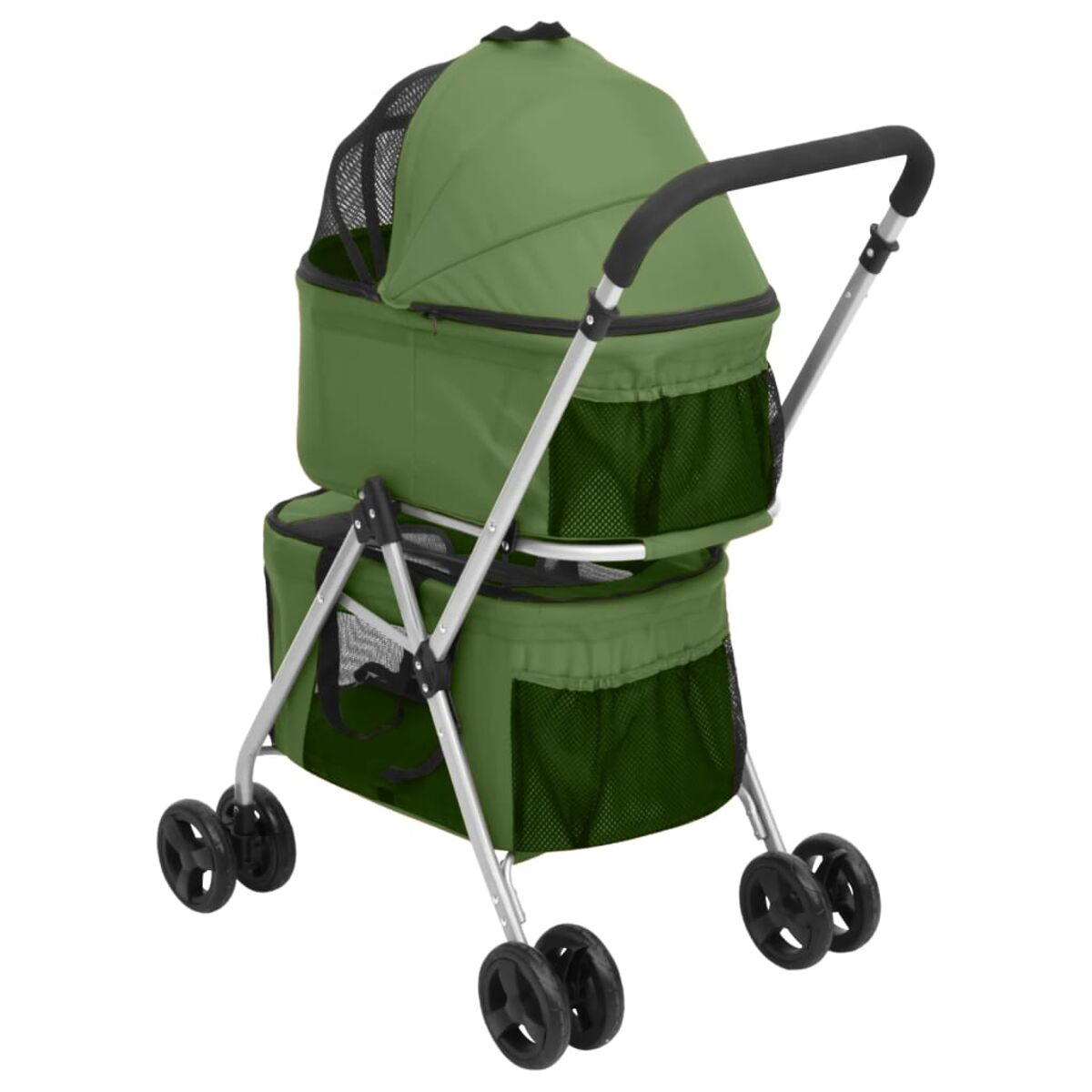 Grüner Haustier-Kinderwagen mit Netzfenstern, schwarzen Griffen und mehreren Rädern.