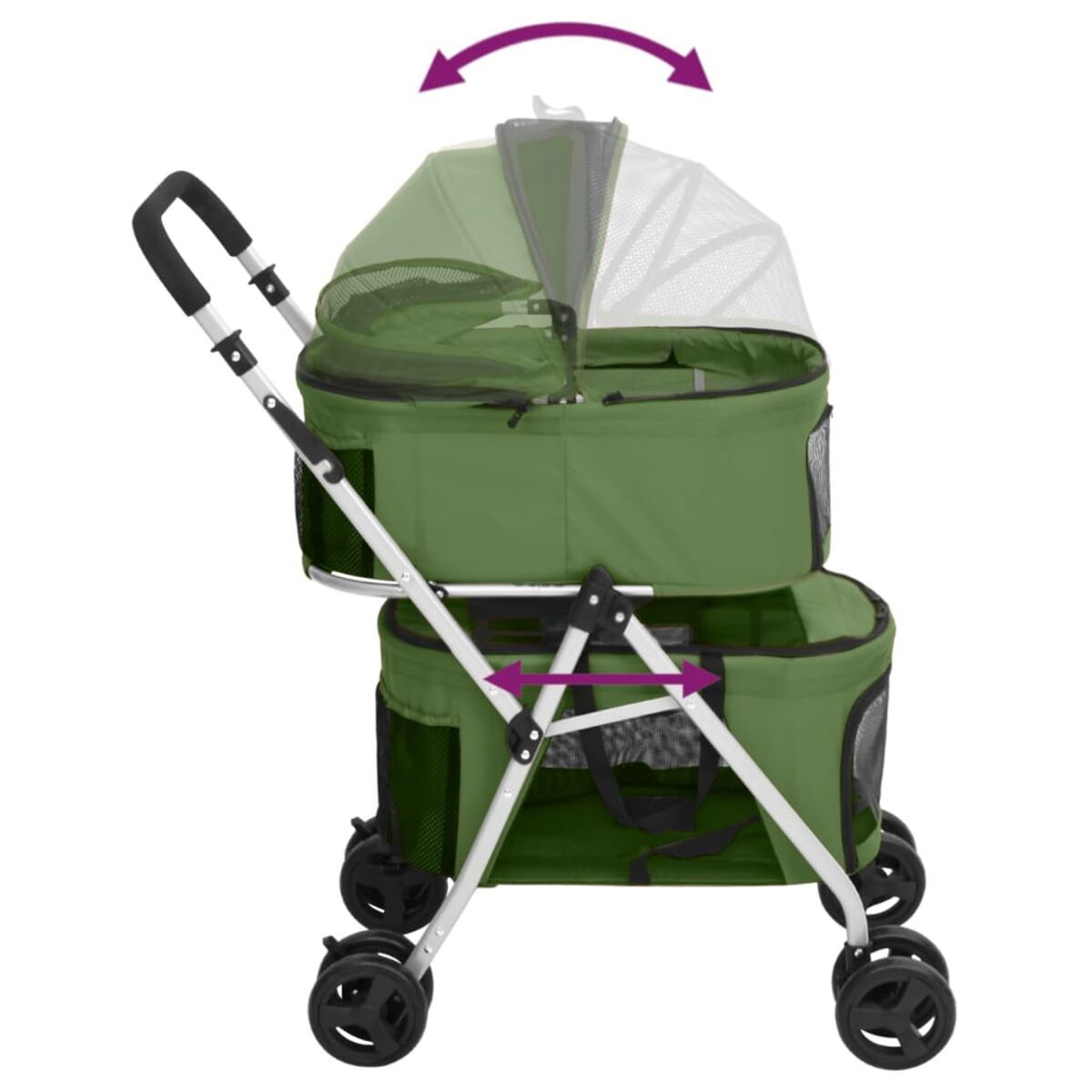 Ein grüner Haustier-Kinderwagen mit transparentem Verdeck und unterem Fach. Pfeile zeigen das Falten an.