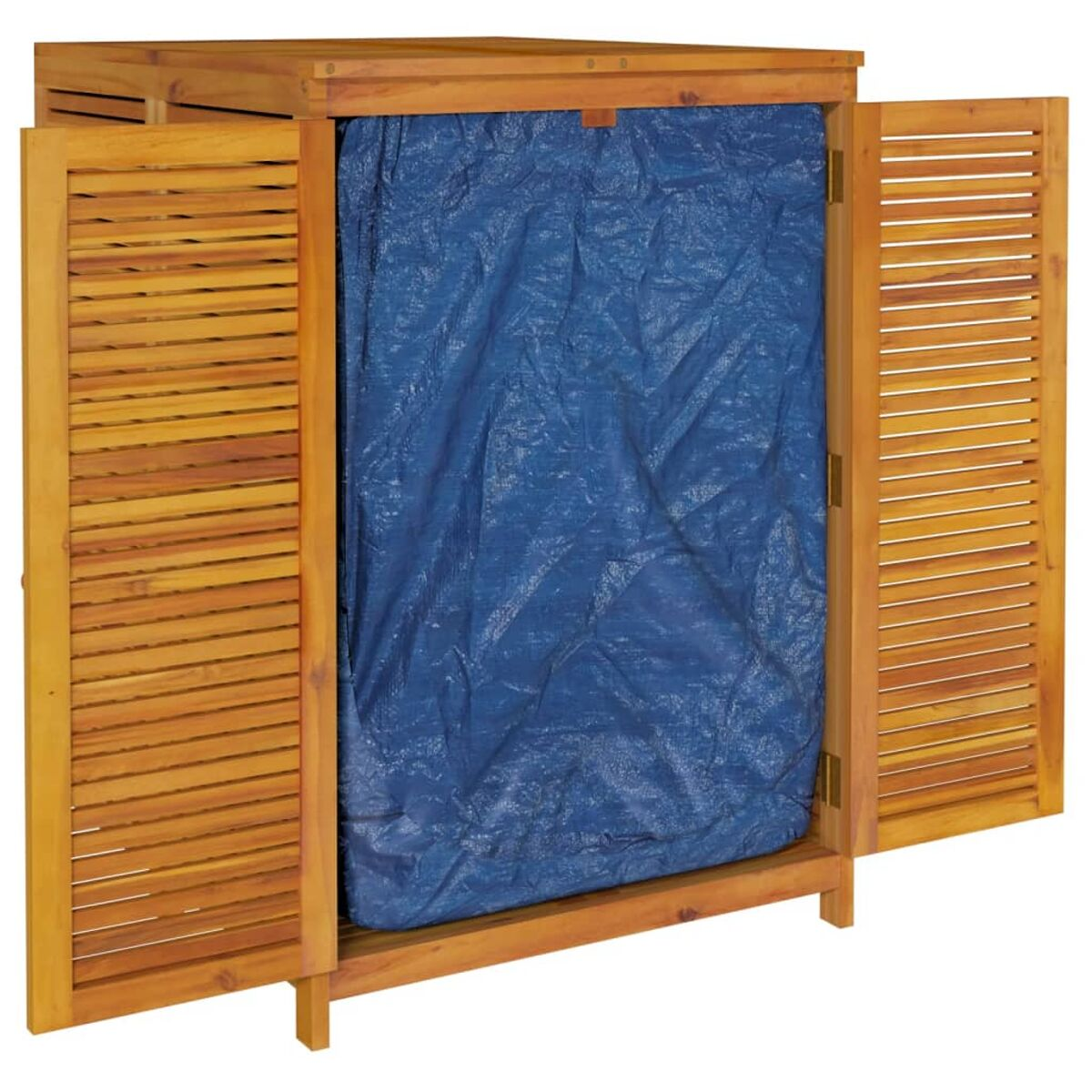 Holzschrank mit geöffneten Türen, der eine blaue Plane zeigt. Der Hintergrund ist eine Holzwand.