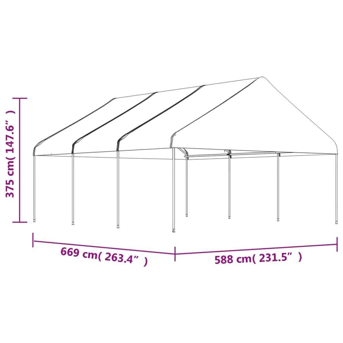 Großes weißes Pavillon-Zelt, mit Maßen. Geeignet für Veranstaltungen oder den Außenbereich.
