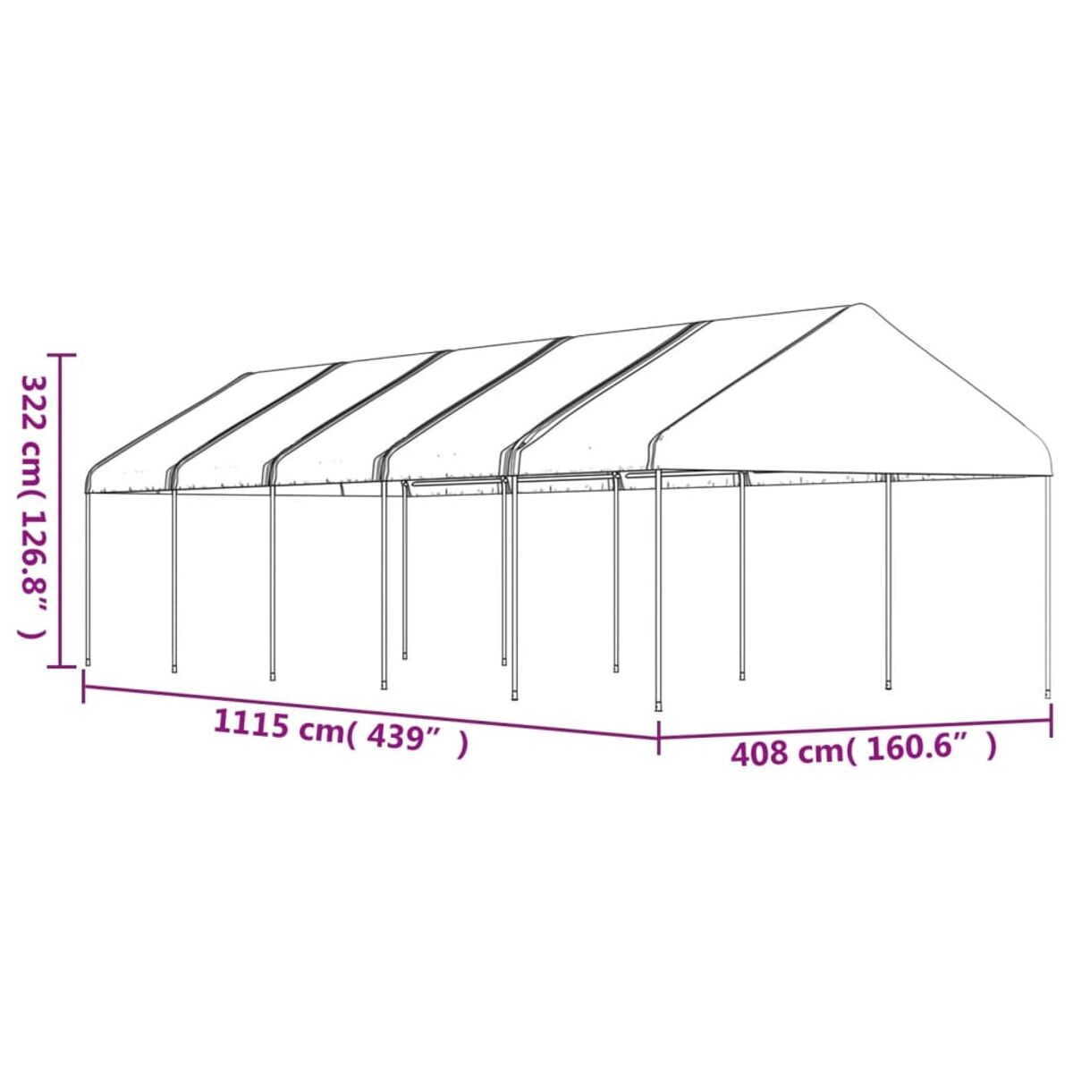 Ein großes weißes Zelt mit Maßen. Das Zelt ist 1115 cm lang und 322 cm hoch.