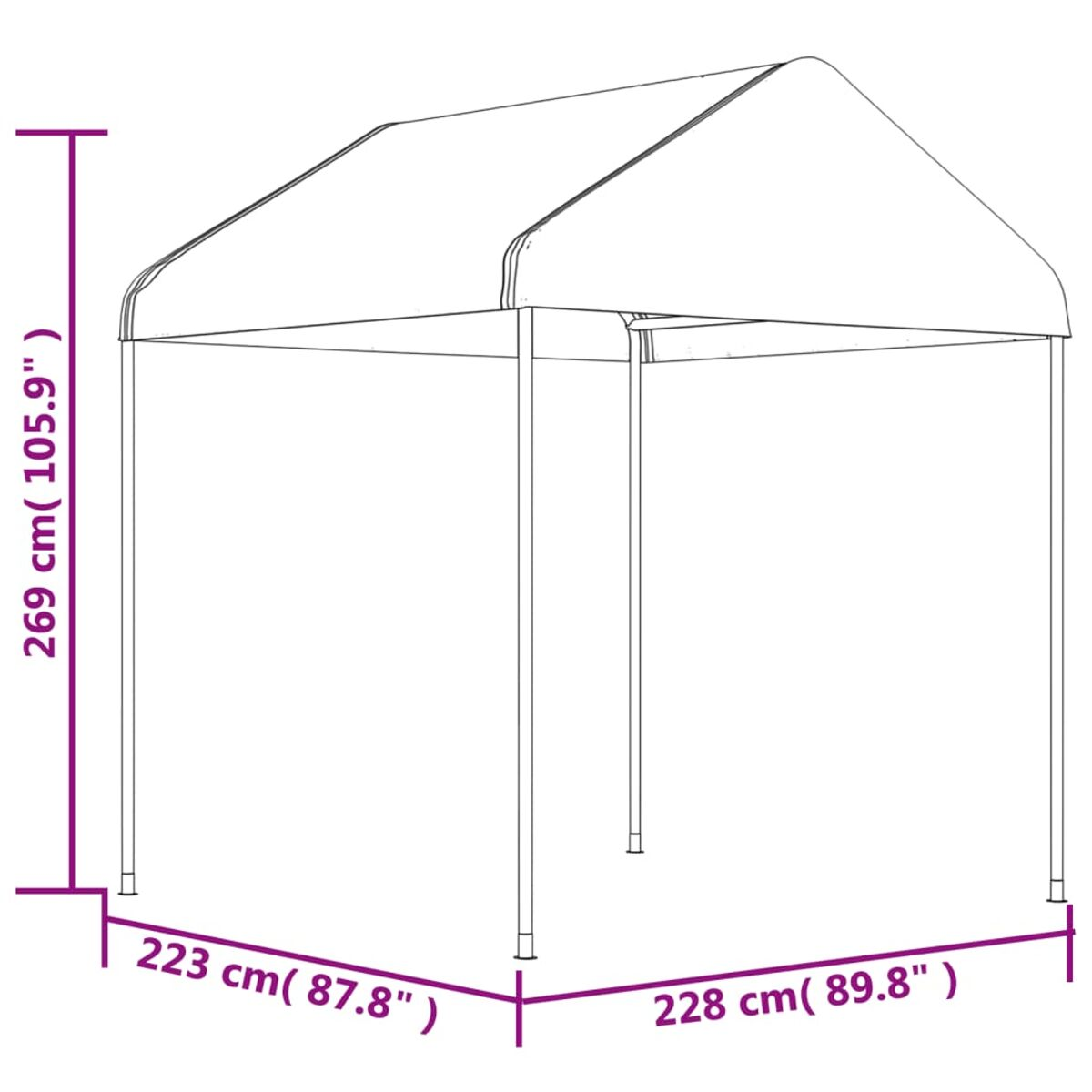 Strichzeichnung eines weißen Pavillons mit Maßangaben in Zentimetern und Zoll.