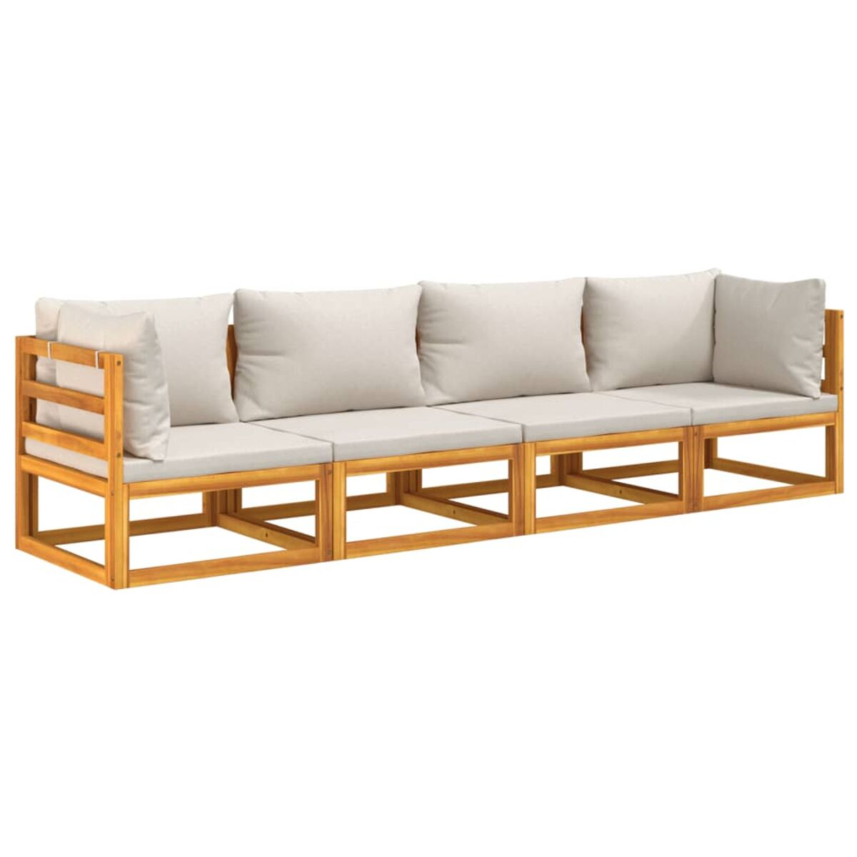 Outdoor-Sofagarnitur aus Holz mit vier Kissen. Weißer Hintergrund.