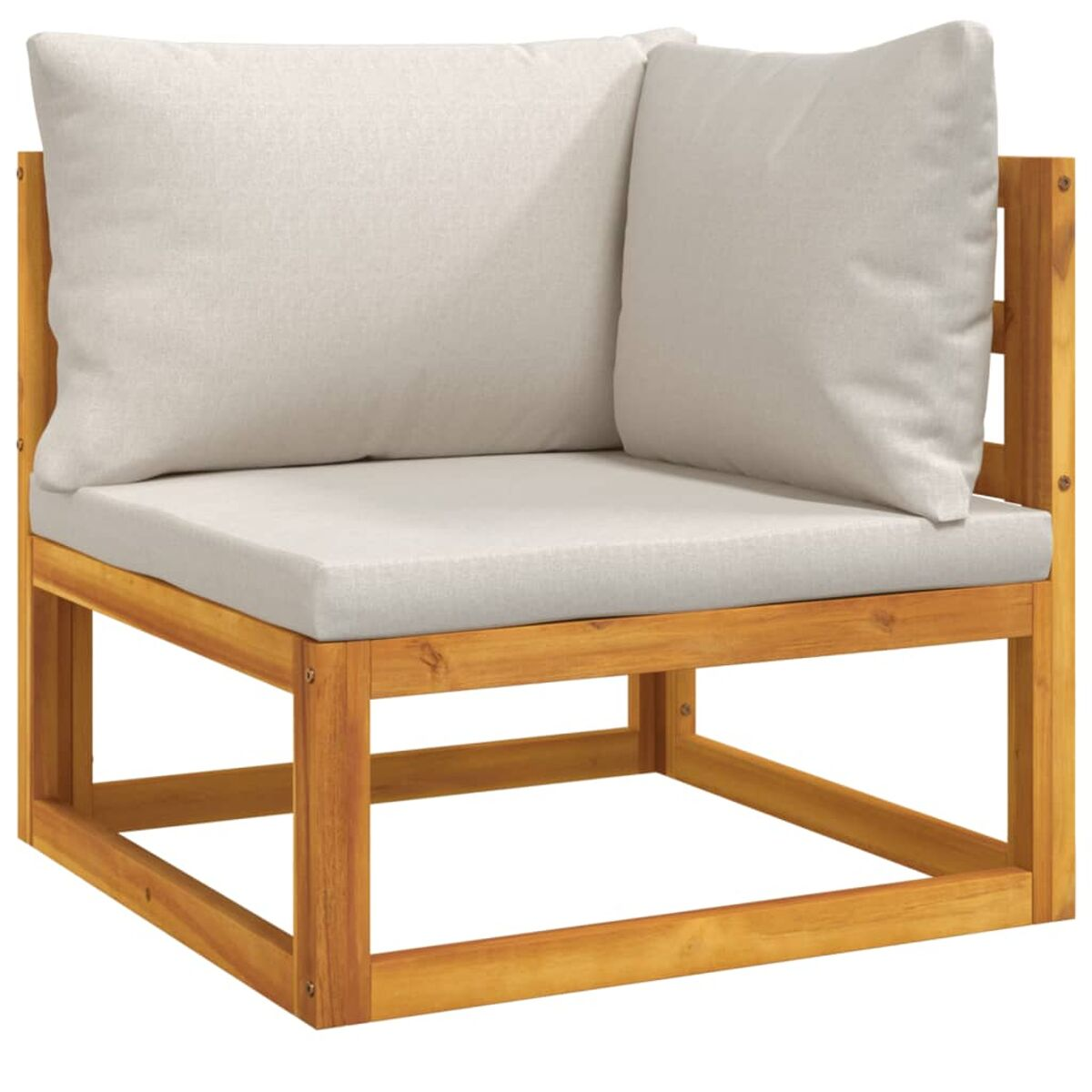 Ecksofa aus Holz mit beigen Kissen, im Freien platziert.