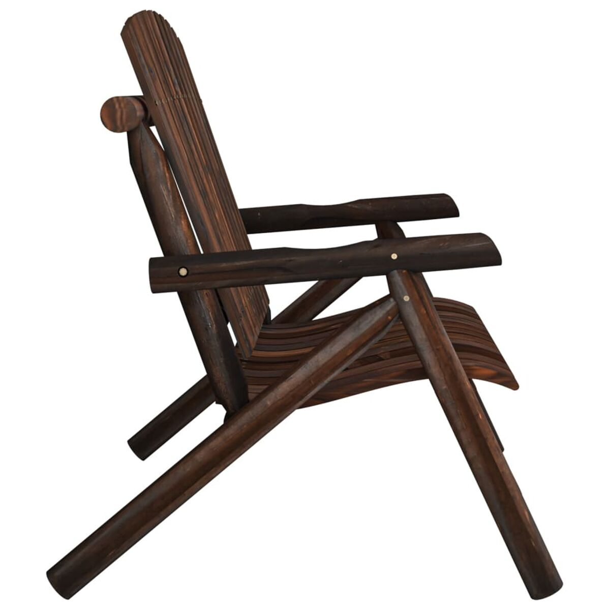 Ein dunkelbrauner Adirondack-Stuhl aus Holz, von der Seite gesehen. Er hat eine Sitzfläche und Rückenlehne aus Latten.
