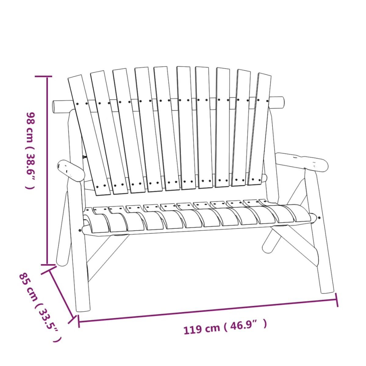 Holzbank mit Maßen: 98 cm hoch, 85 cm tief und 119 cm breit. Lattenrücken.