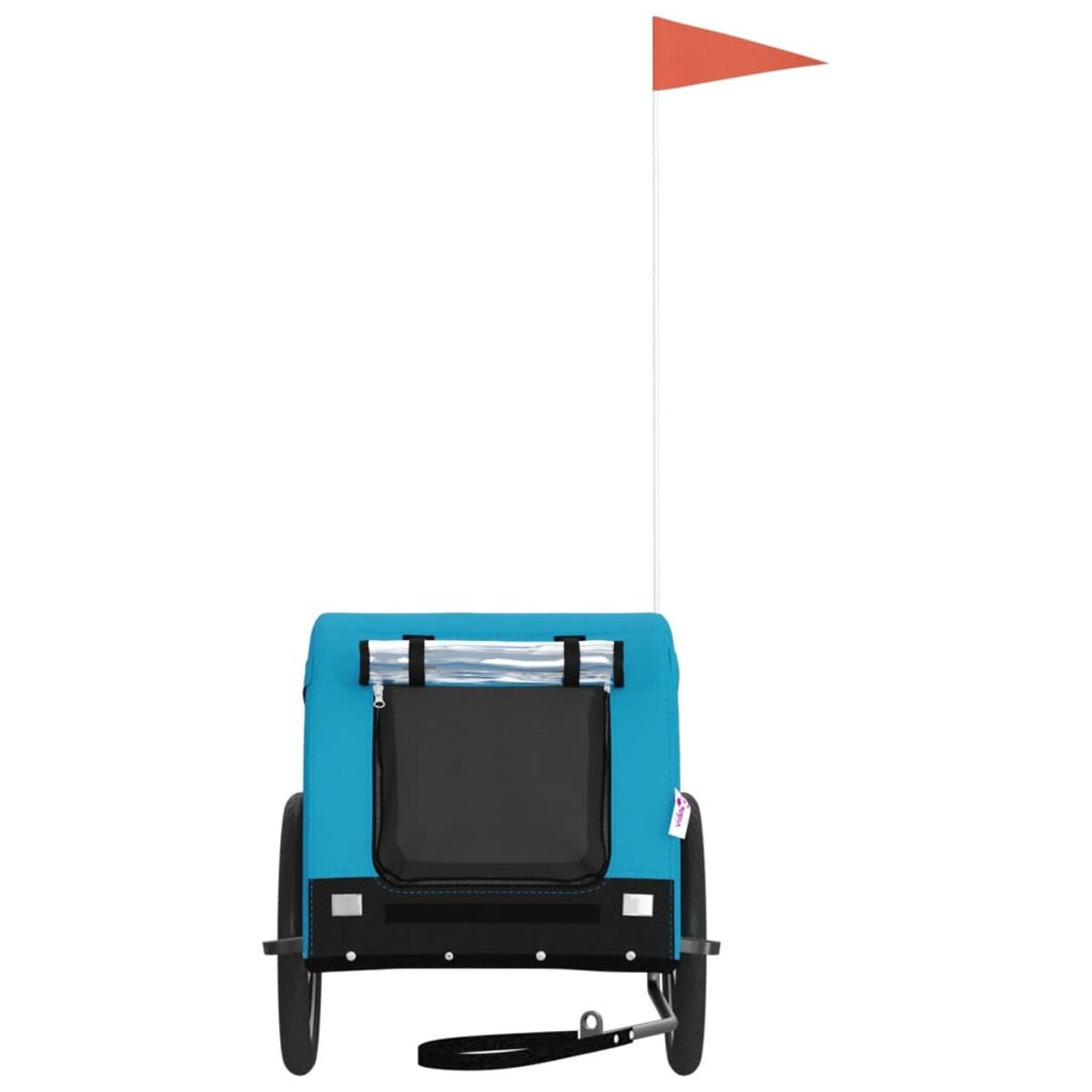 Ein blauer Anhänger mit einer Flagge. Schwarze Reifen, ein schwarzes Fenster und eine rote Flagge.