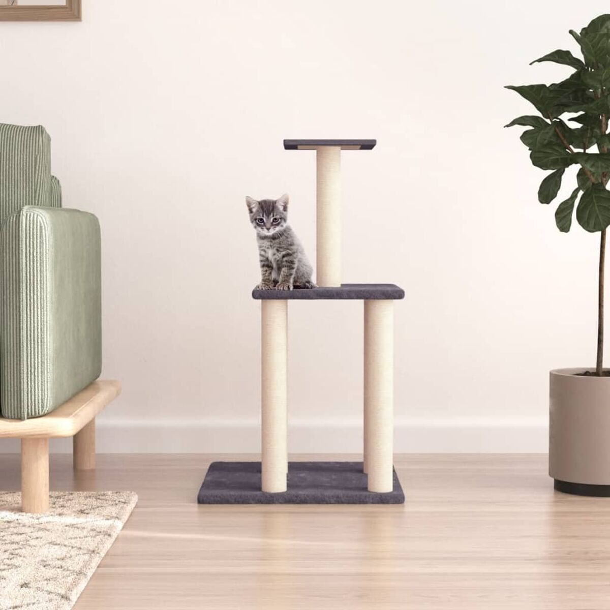 Kätzchen auf grauem Katzenbaum mit beigen Kratzbäumen, weißer Hintergrund.