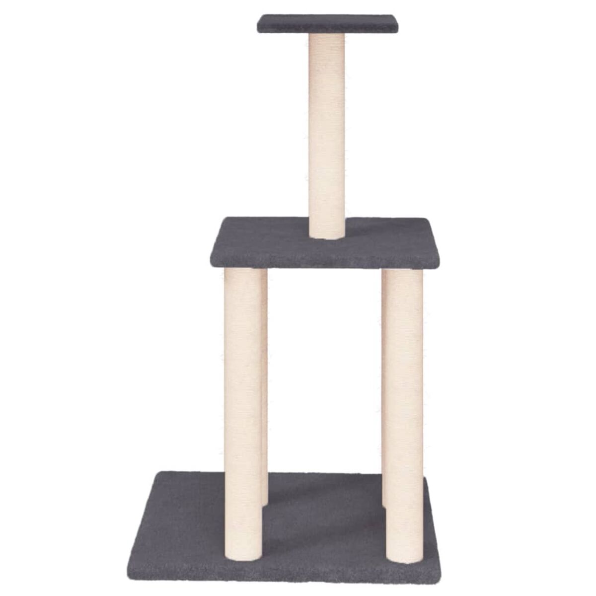 Grauer Kratzbaum mit mehreren Ebenen und beige umwickelten Pfosten.