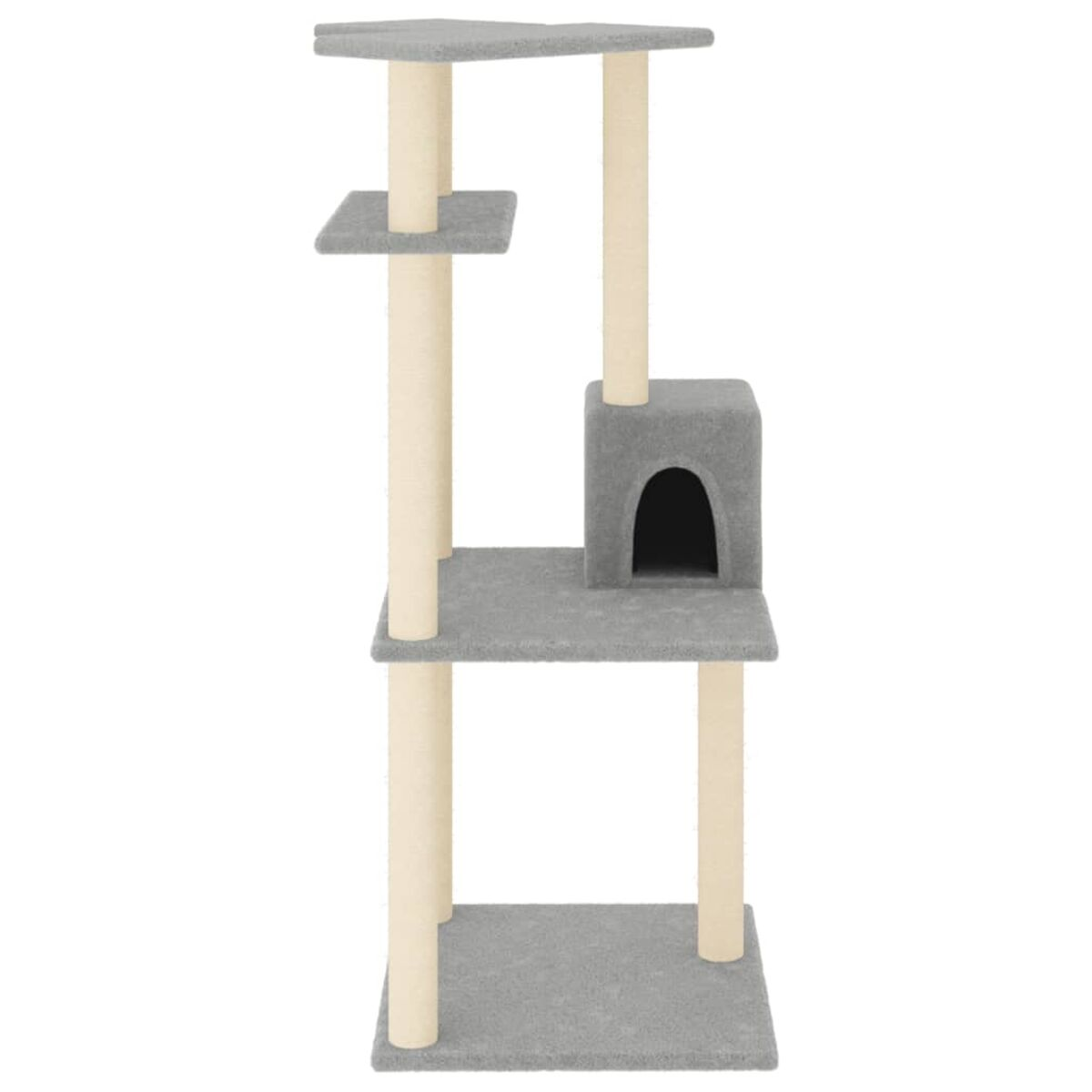 Ein Katzenbaum mit mehreren Ebenen, einer Höhle und Kratzbäumen. Er ist grau und beige, vor weißem Hintergrund.