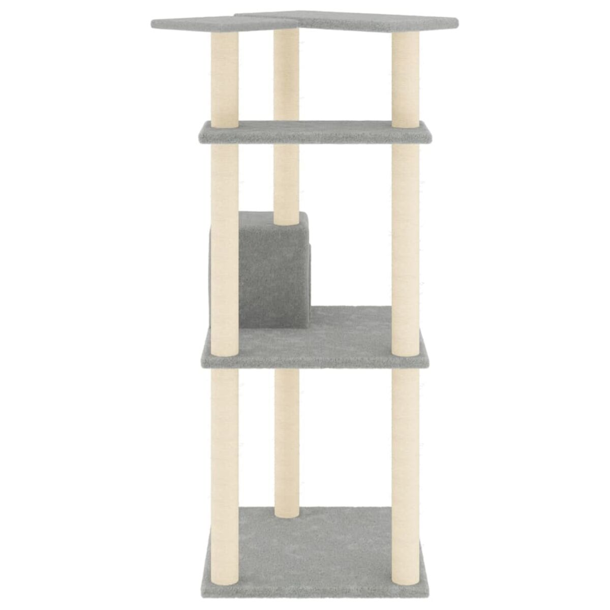 Katzenturm mit mehreren Ebenen, grauem Teppich, beigen Pfosten und Kratzbäumen.