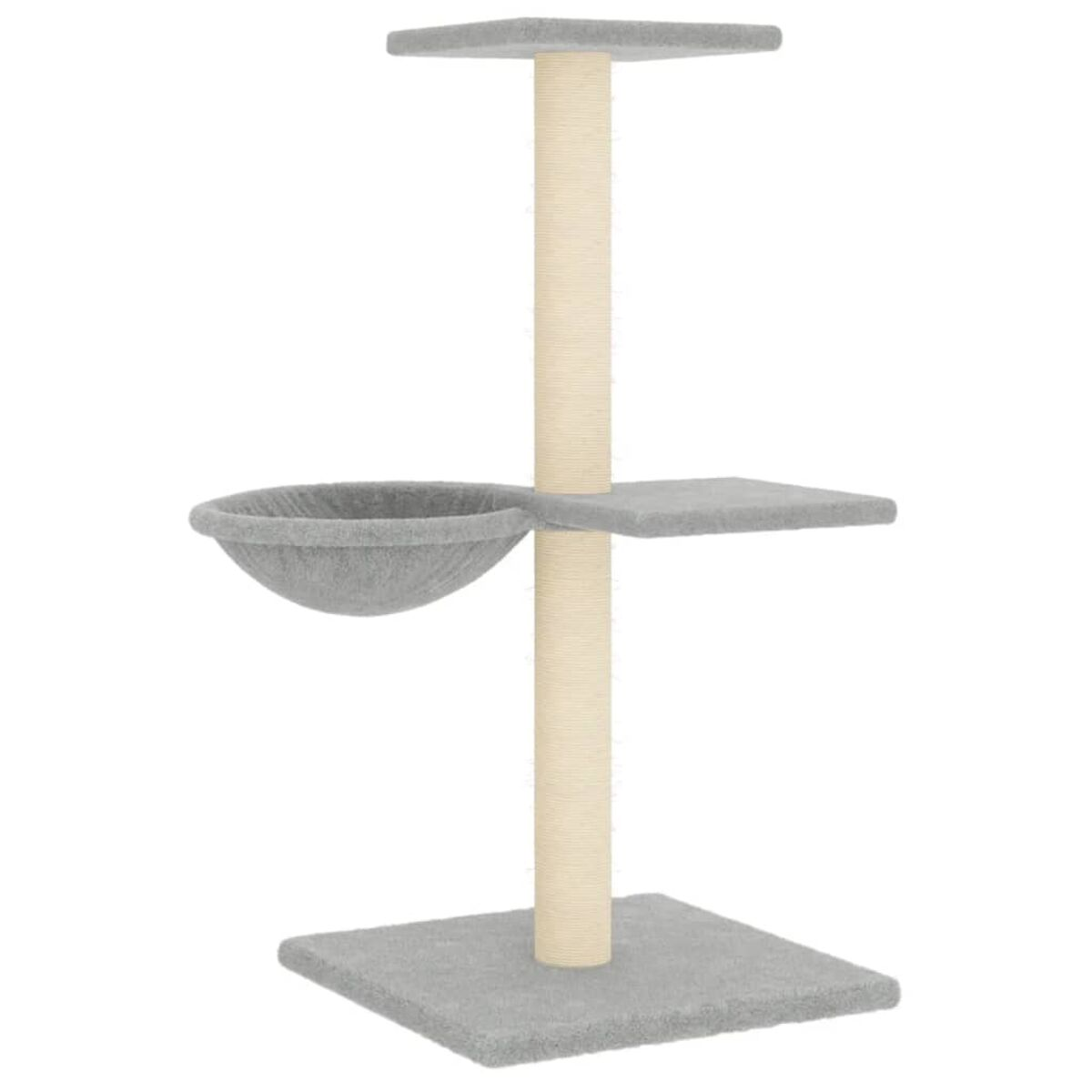 Kratzbaum mit grauem Sockel, zwei Plattformen und einer Hängematte. Die Struktur ist beige und grau.