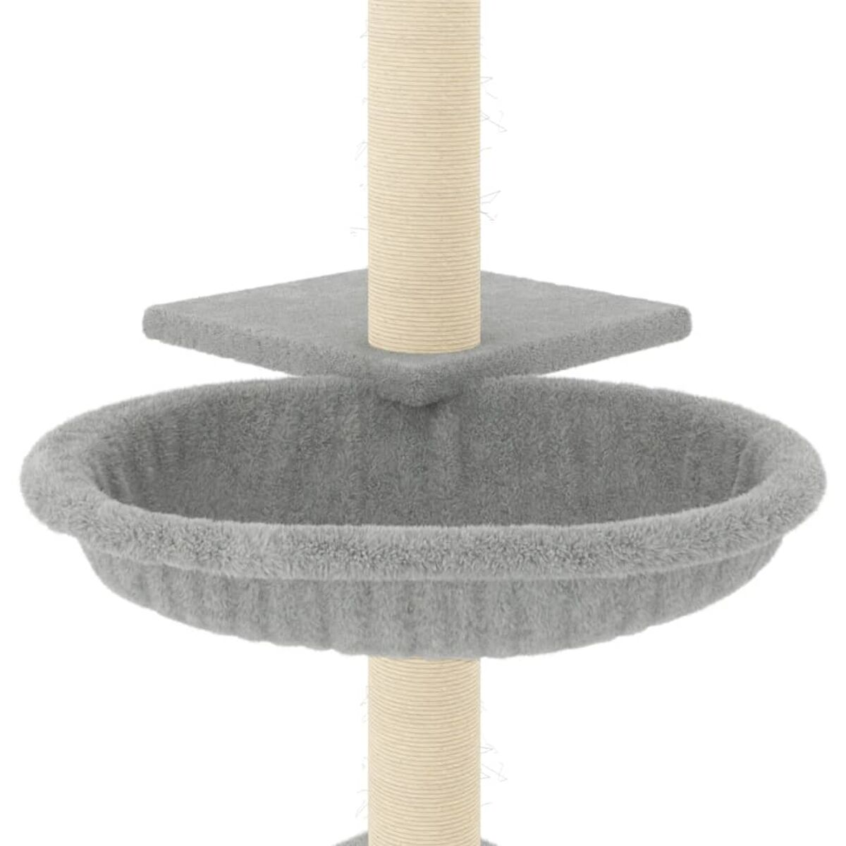 Ein Katzenbaum mit Hängekorb, quadratischer Plattform und Kratzbaum.