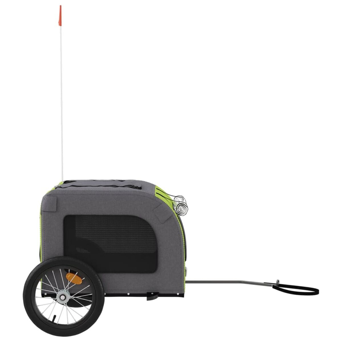 Ein grau-grüner Haustieranhänger mit Rad und Flagge auf weißem Hintergrund.