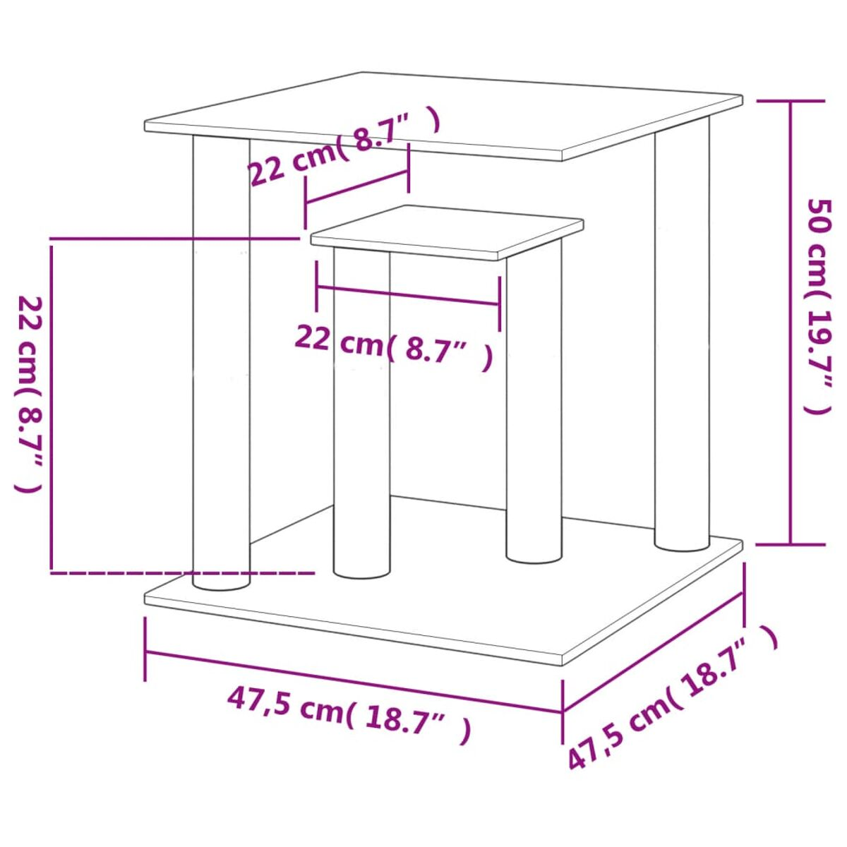 Zwei quadratische Tische mit einem kleineren Tisch oben. Stufen, drei Beine, alles Holz.