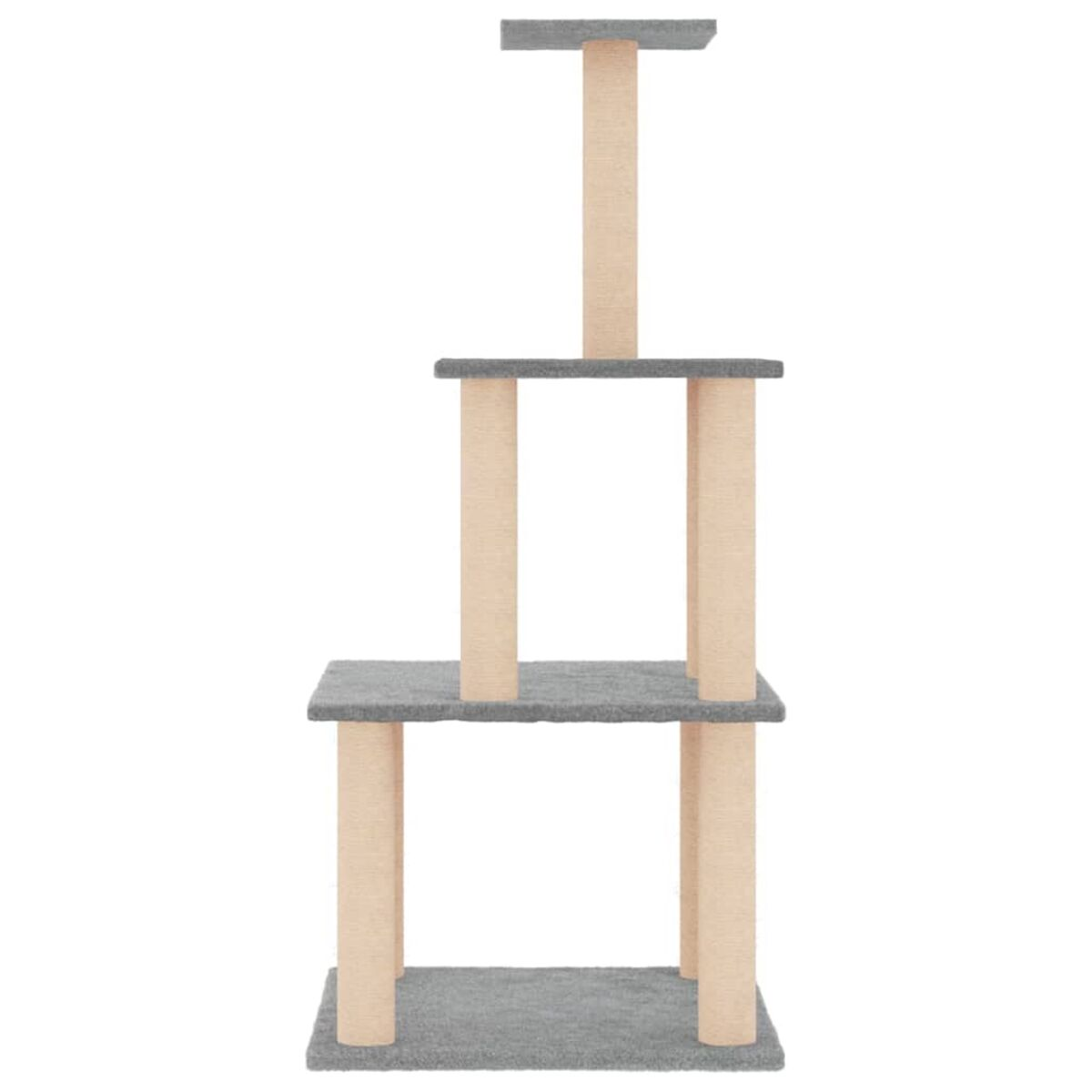 Katzenbaum mit drei Plattformen und zwei Kratzbäumen, beige und grau.