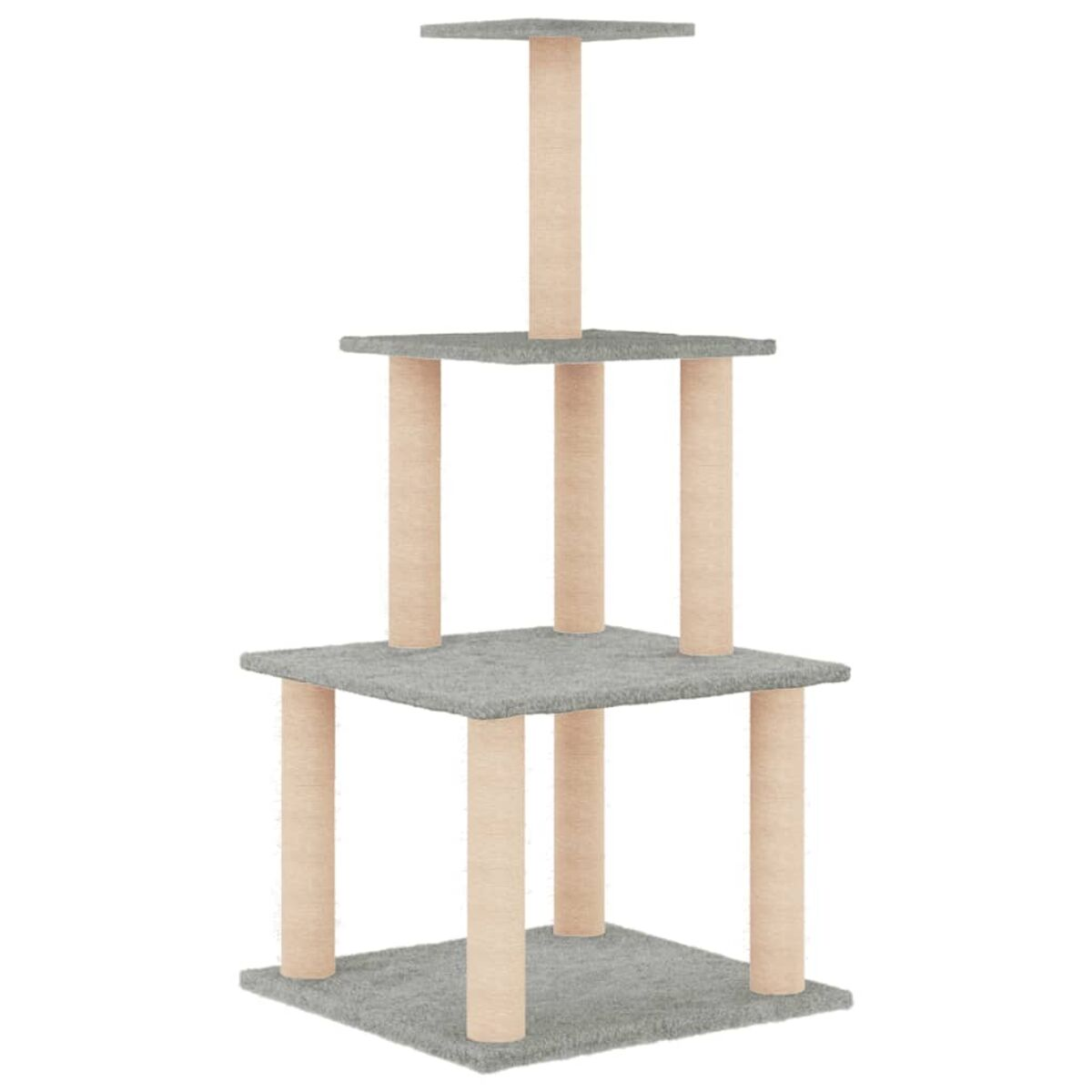 Katzenbaum mit grauen Plattformen und beigen Stützsäulen, mehrere Ebenen.