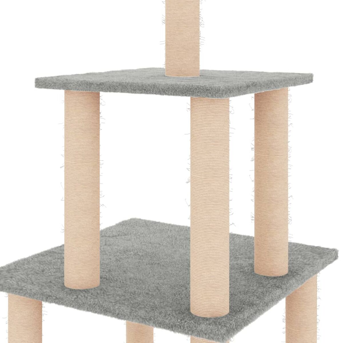 Katzenbaum mit mehreren Plattformen, Kratzbäumen und einer grauen, strukturierten Oberfläche.