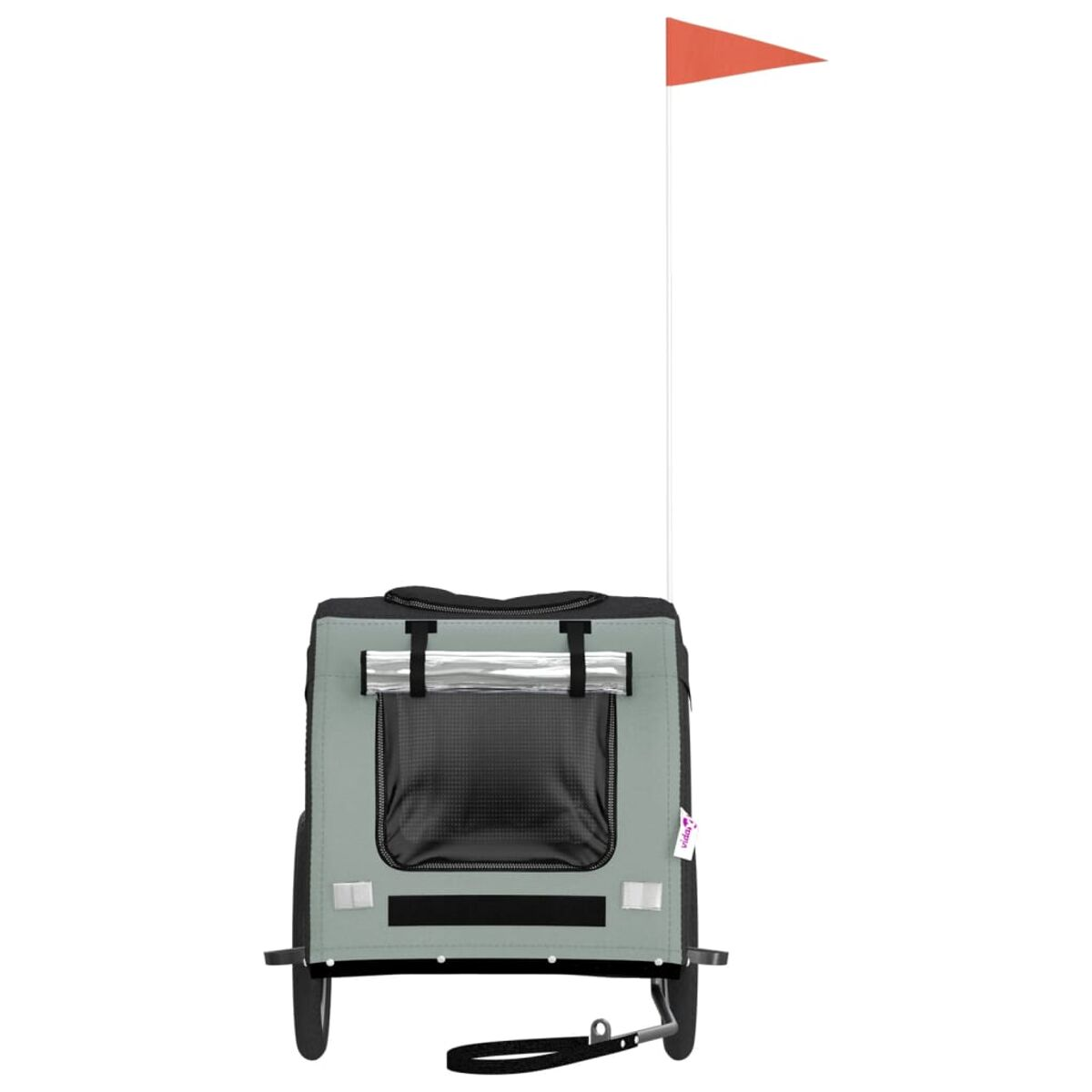 Ein grauer und schwarzer Haustieranhänger mit einer orangefarbenen Flagge auf weißem Hintergrund.