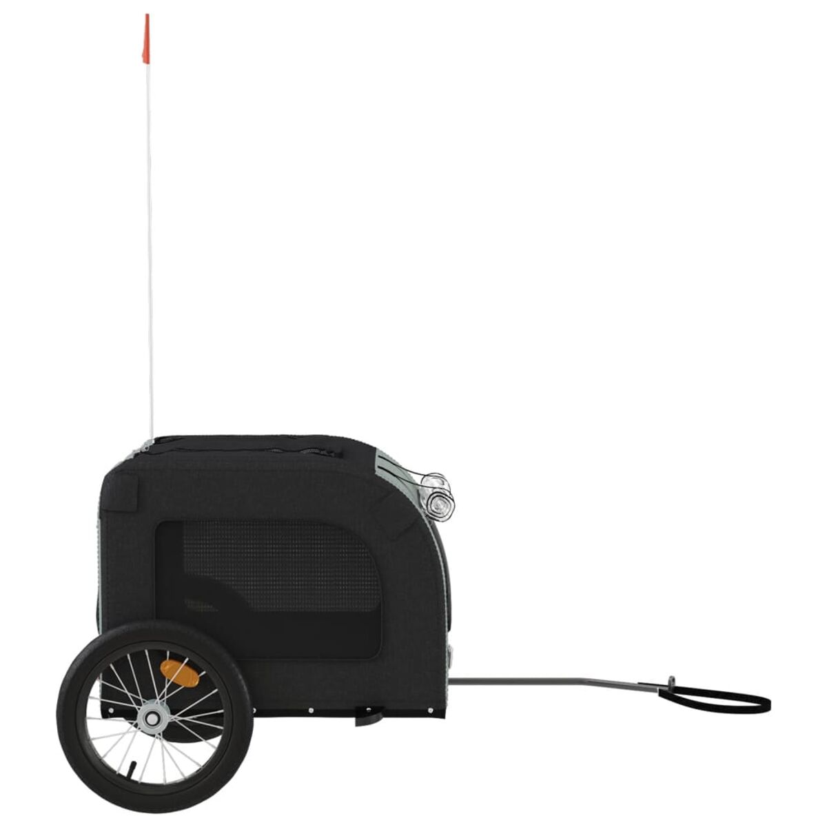 Schwarzer Haustieranhänger mit Rad, Flagge und Griff. Von der Seite gesehen.