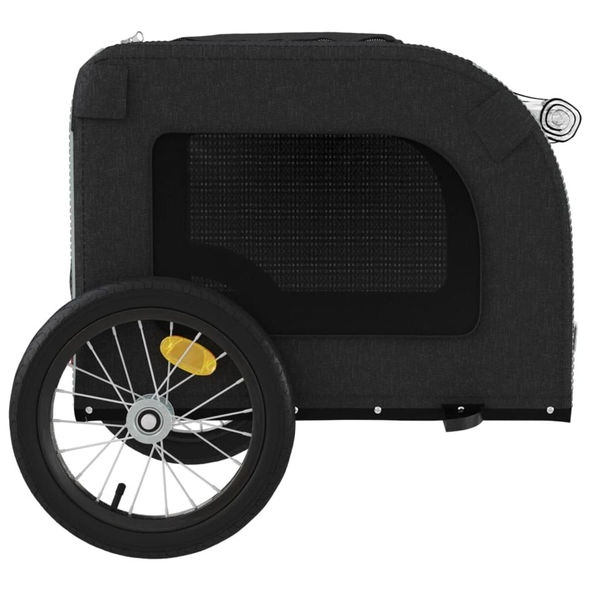 Schwarzer Anhänger mit Rad. Der Anhänger hat ein Fenster und dunklen Stoff.