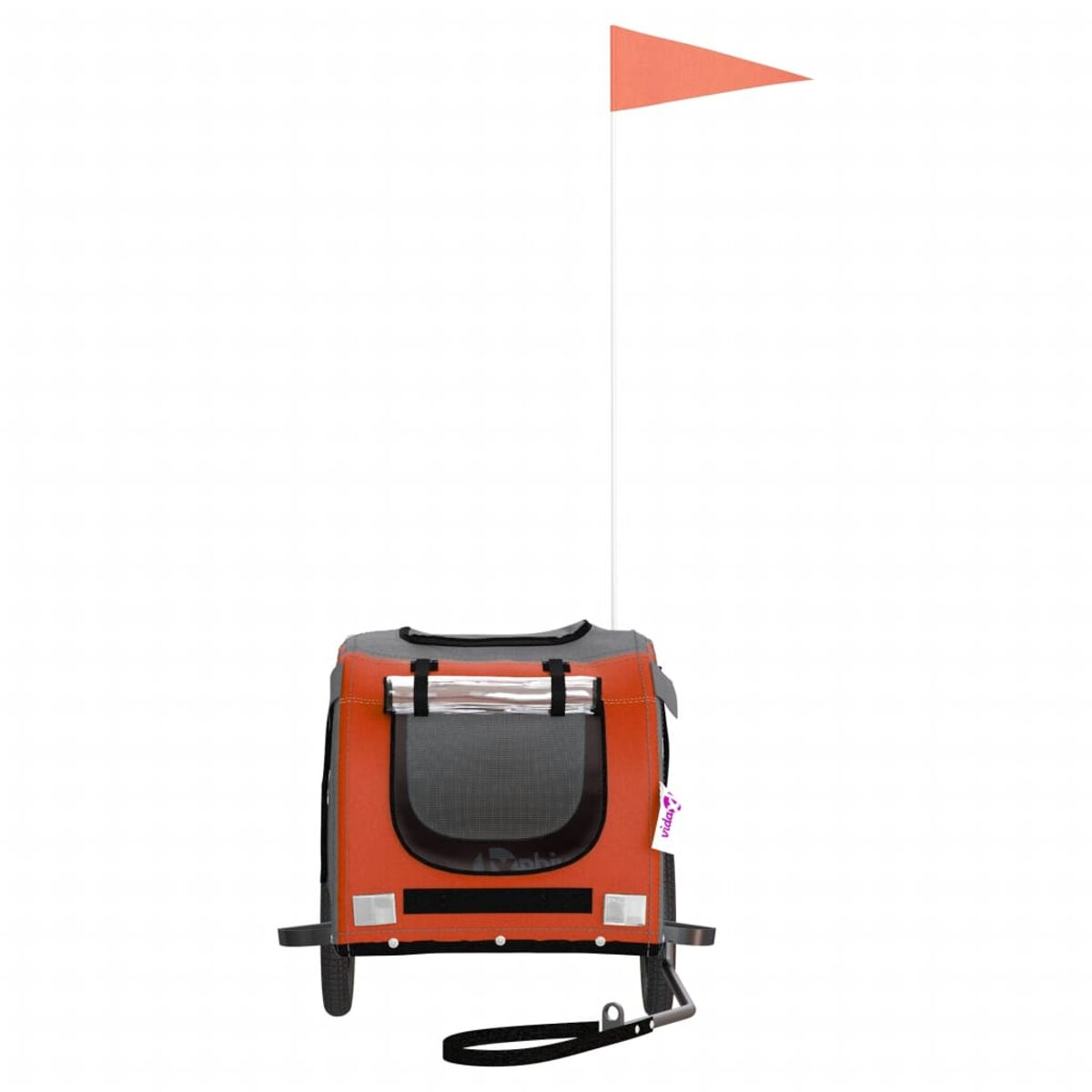 Orangener Haustieranhänger mit Flagge. Der Anhänger hat ein Rad und einen Griff, von vorne gesehen.