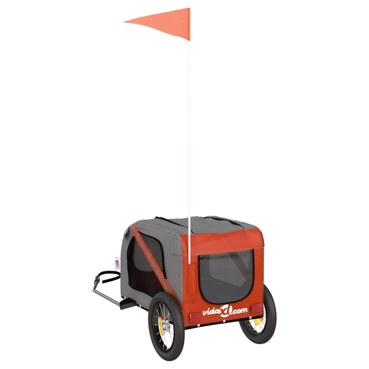 Hundeanhänger mit orangefarbenem Akzent. Er hat Räder und eine Flagge. Weißer Hintergrund.