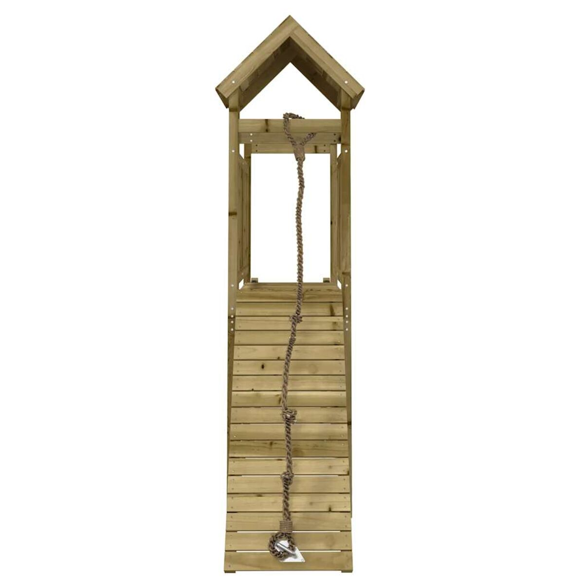 Ein Holzspielturm mit Kletterseil und kleinem Dach.