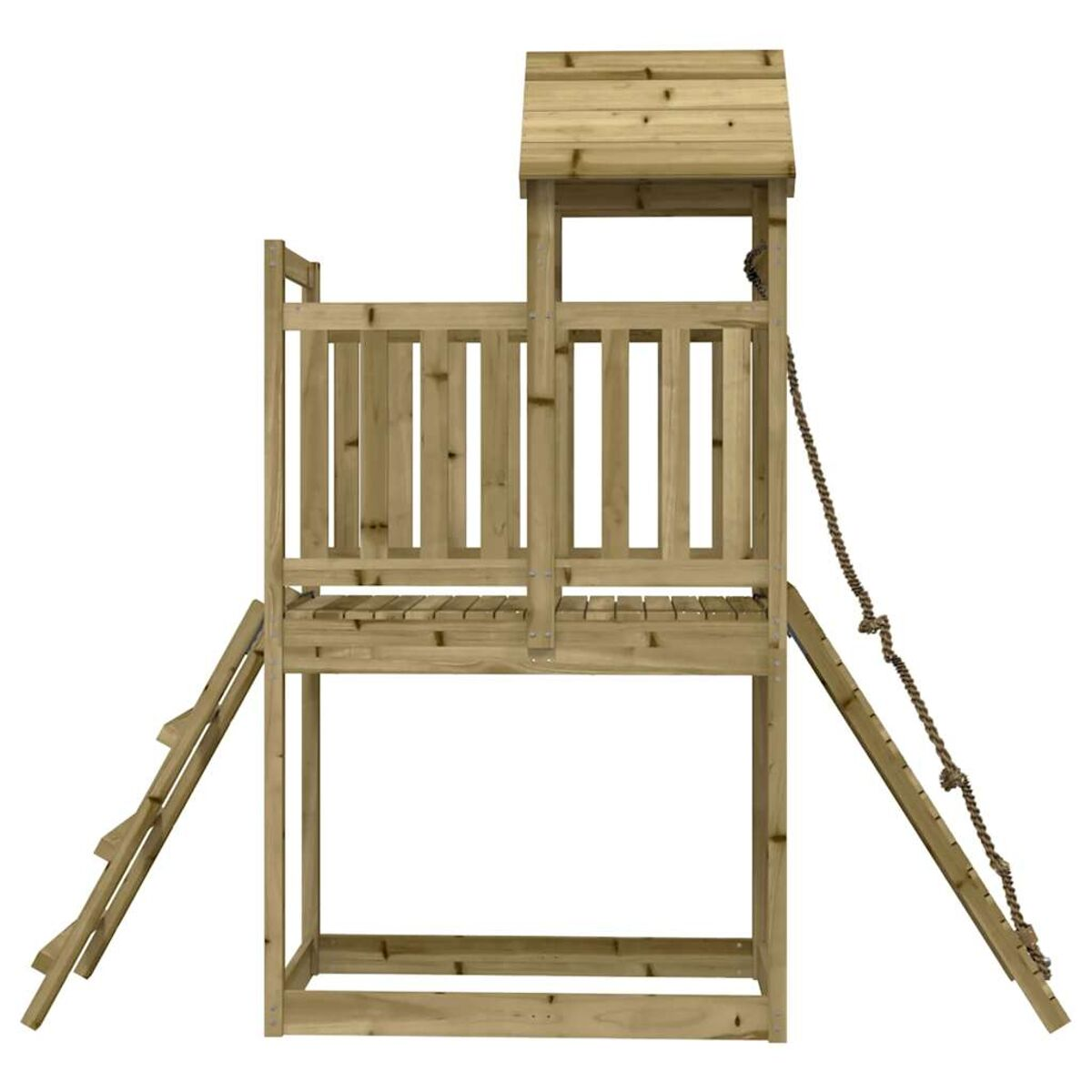 Spielplatz aus Holz mit Rutsche, Leiter und Dach auf weißem Hintergrund.