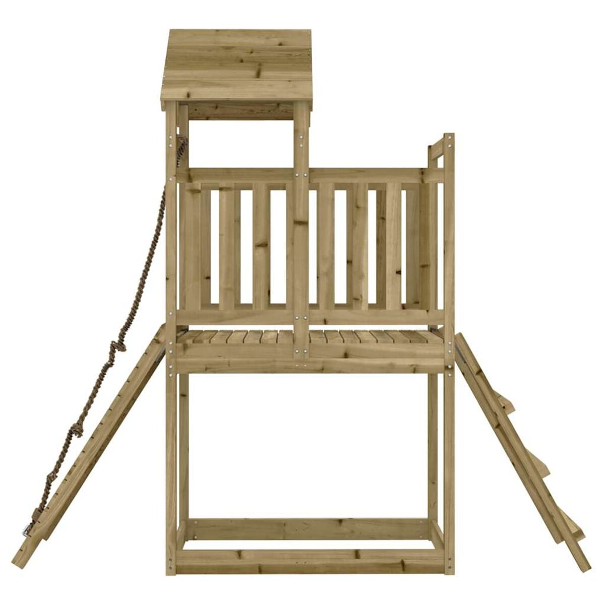 Holzspielplatz mit Leiter, Seil und kleinem Dach. Die Struktur ist braun und steht vor weißem Hintergrund.