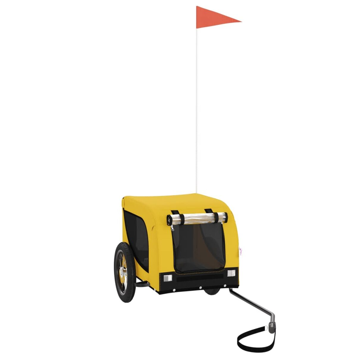 Gelber Hundeanhänger mit roter Flagge, schwarze Räder, und Anhängerkupplung.
