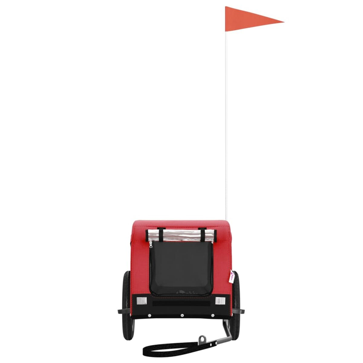 Roter Hundeanhänger mit Flagge, Rädern und Leinenbefestigung. Weißer Hintergrund.