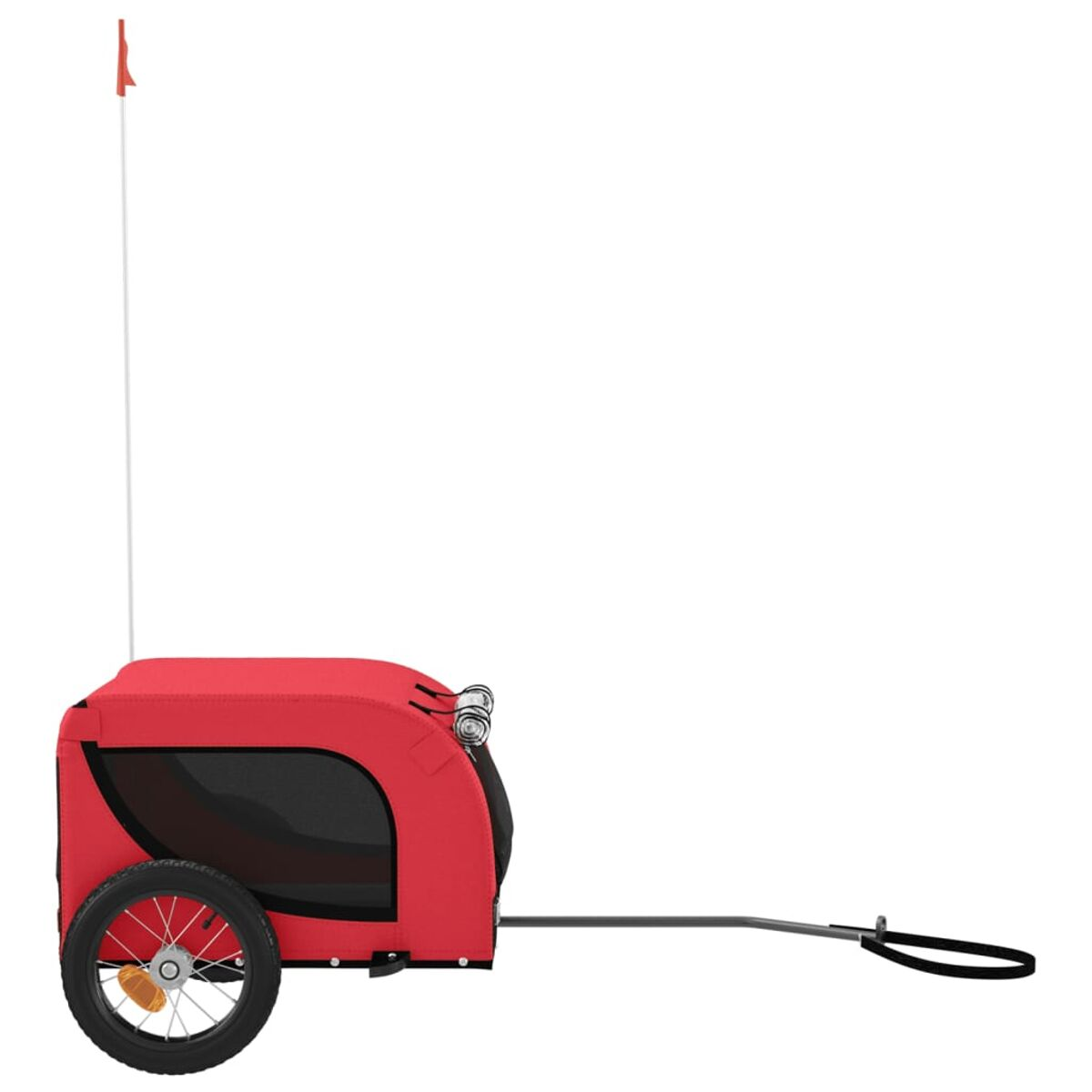 Ein roter Haustieranhänger mit Fahne, schwarzem Rad und Seitenansicht.