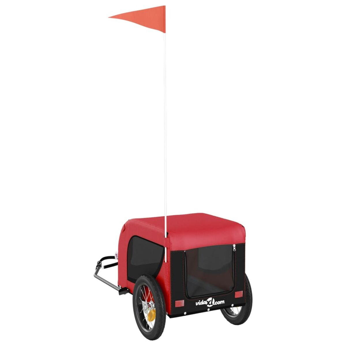 Ein roter Tieranhänger mit zwei Rädern und einer Flagge.