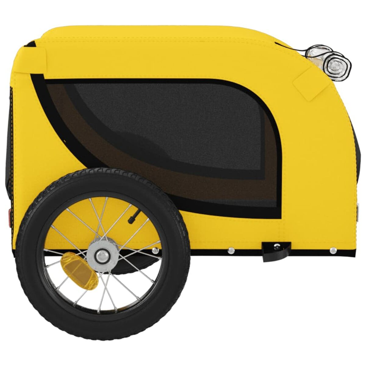 Ein gelber Fahrradanhänger. Das Rad ist links.