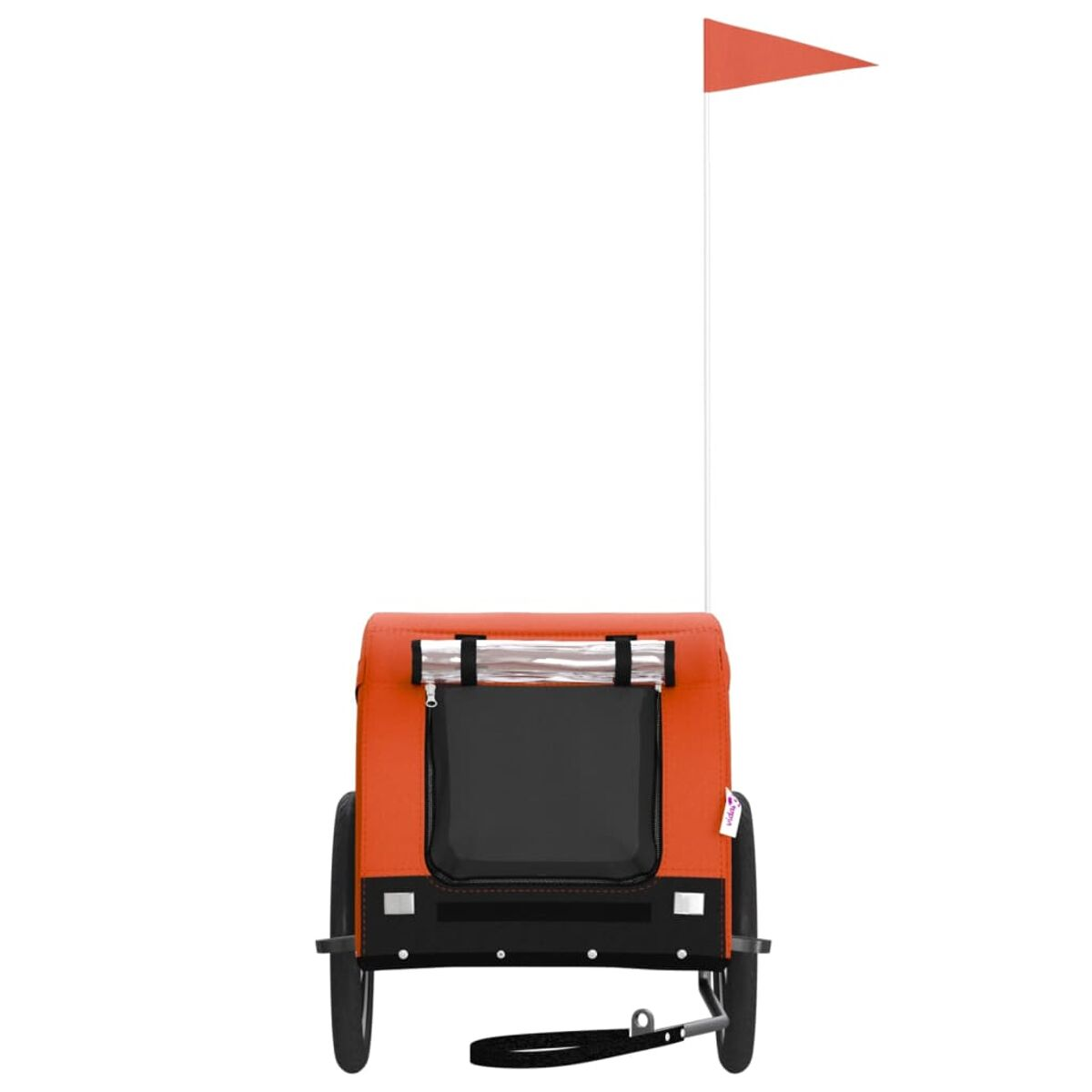 Ein orangefarbener Haustieranhänger mit einer Flagge.