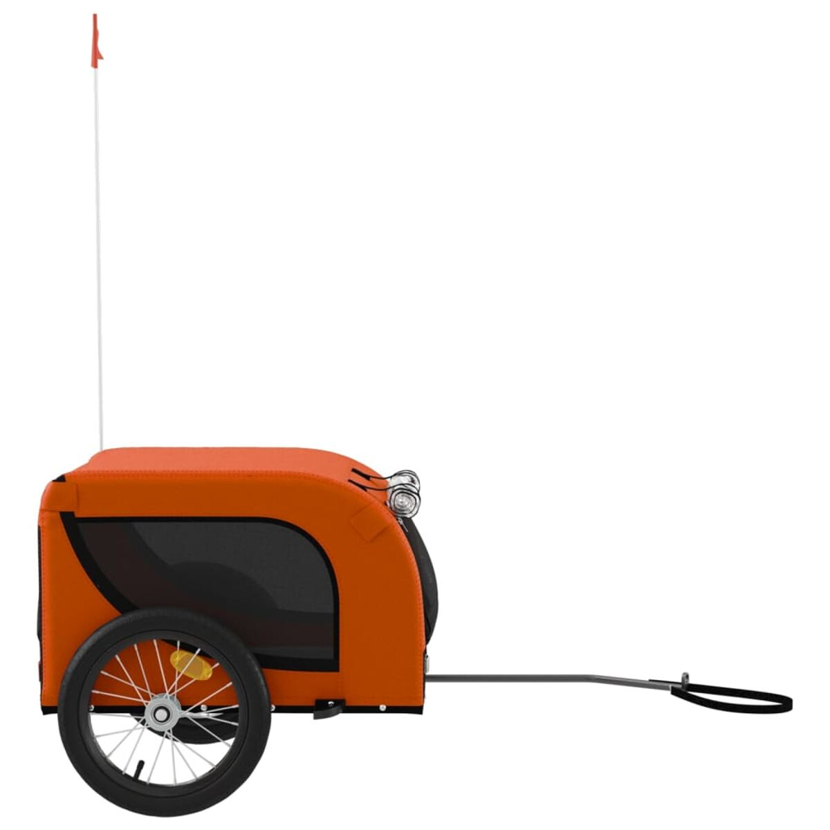 Ein orangefarbener Haustieranhänger mit Flagge vor weißem Hintergrund.