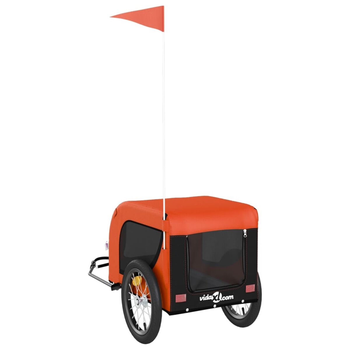 Orangener Haustieranhänger für ein Fahrrad, mit Fahne und schwarzem Netzfenster.