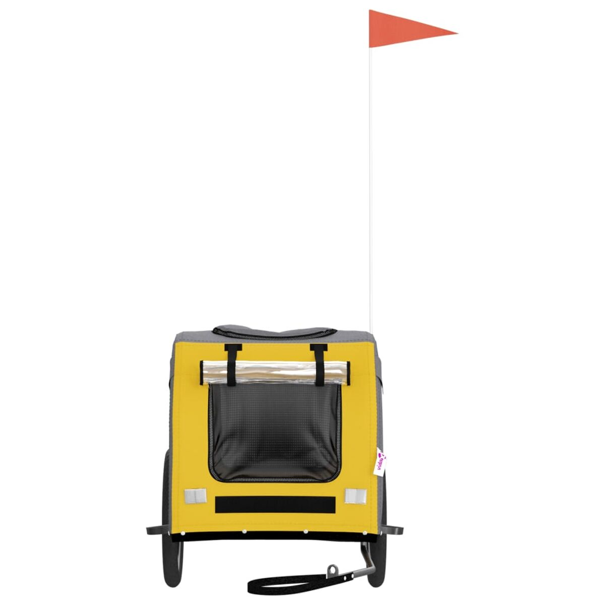 Ein gelber Anhänger mit schwarzem Innenraum und einer orangefarbenen Flagge.