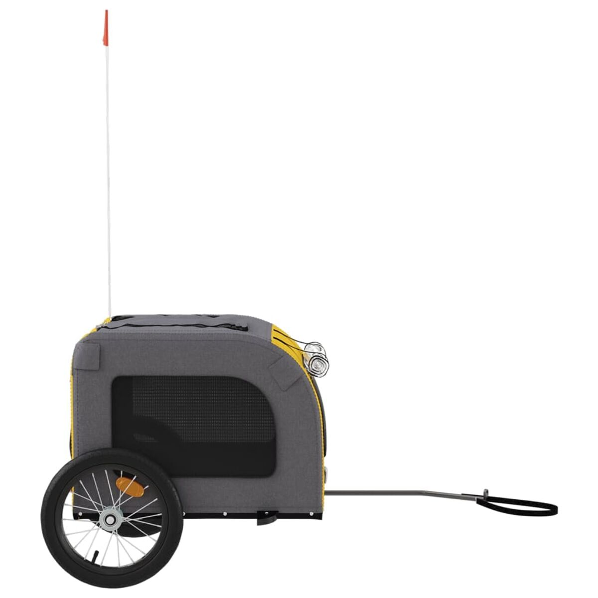 Ein grau-gelber Haustieranhänger mit Rad, Fahne und Anhängerkupplung.