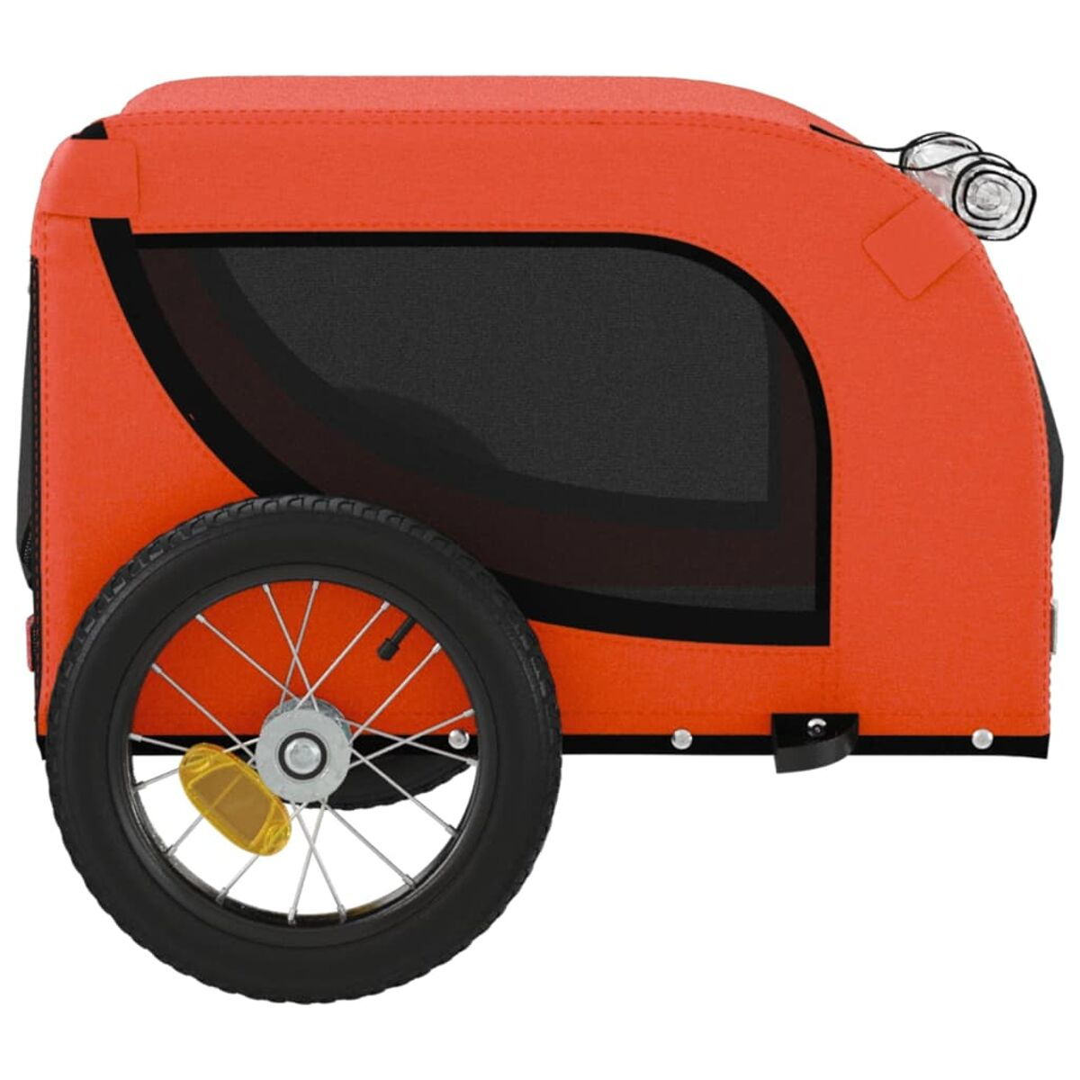 Ein orangefarbener Fahrradanhänger mit schwarzem Rad, schwarzem Fenster und gelbem Reflektor.