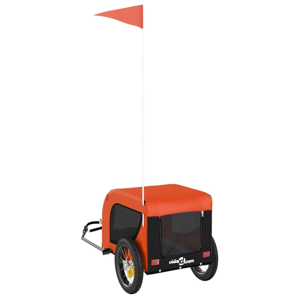 Oranger Haustieranhänger mit roter Flagge, schwarzen Netzfenstern und zwei Rädern.