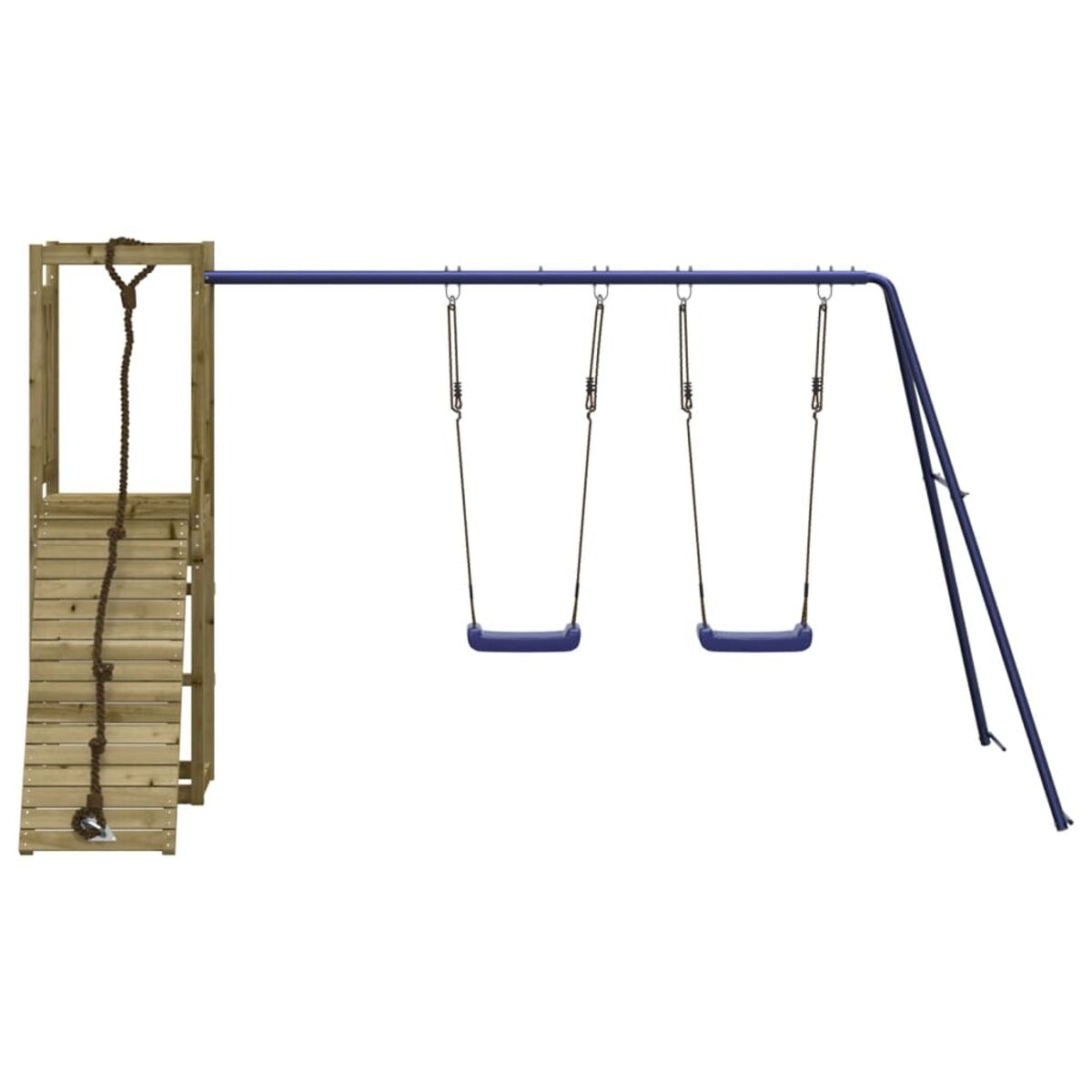 Ein Holzschaukelgestell mit zwei blauen Schaukeln, einer Strickleiter und einer Kletterwand.