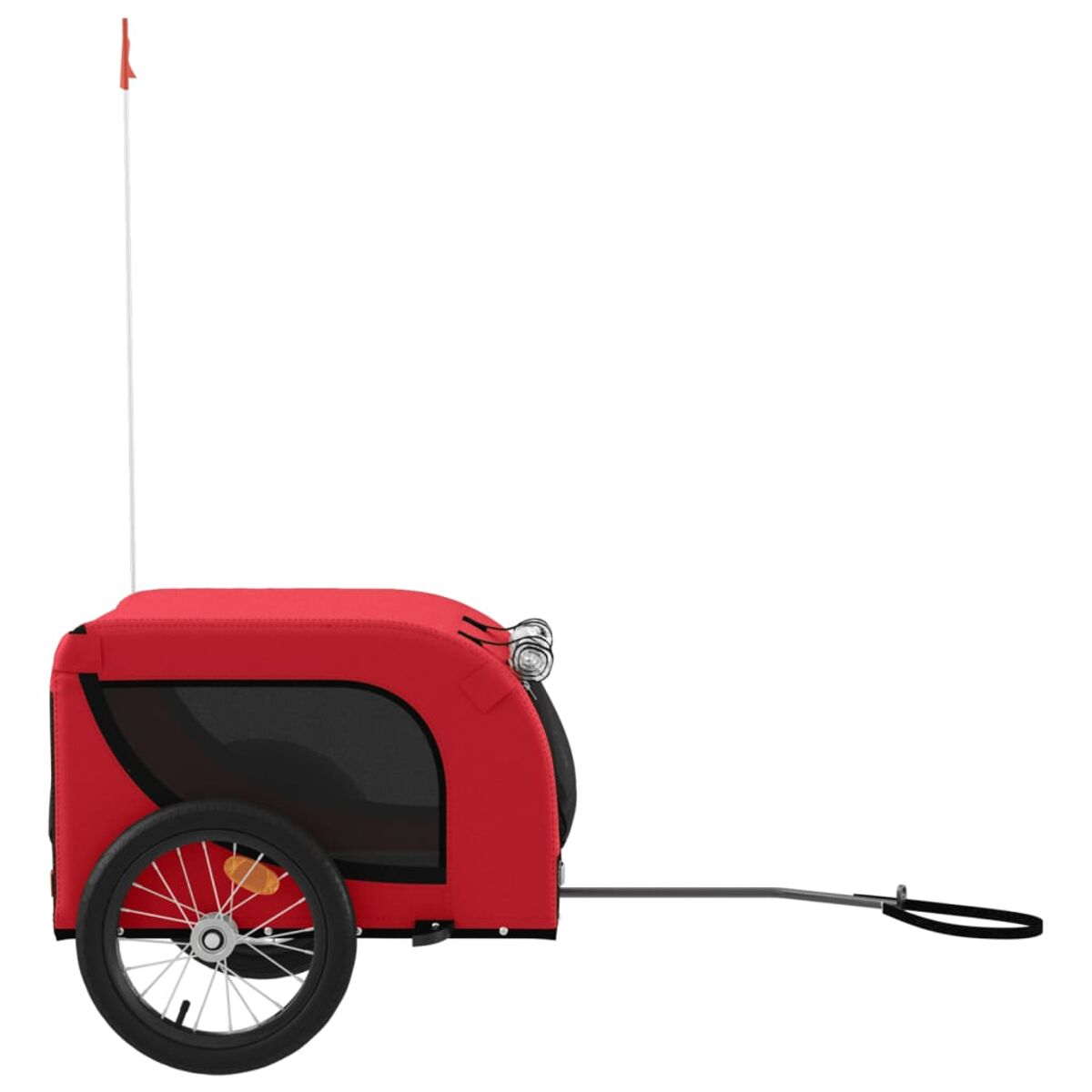 Ein roter Haustieranhänger mit einem Rad, einer Flagge und einem schwarzen Abschlepparm.