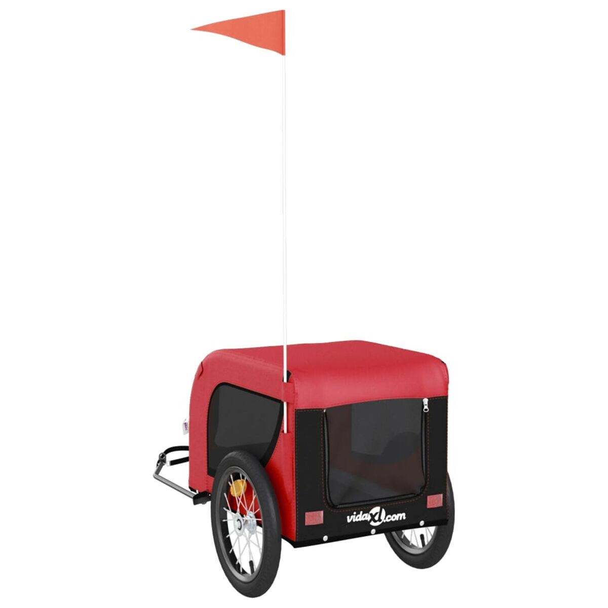 Roter Hundeanhänger mit Flagge. Anhänger hat eine Flagge und ist an einem Fahrrad befestigt.