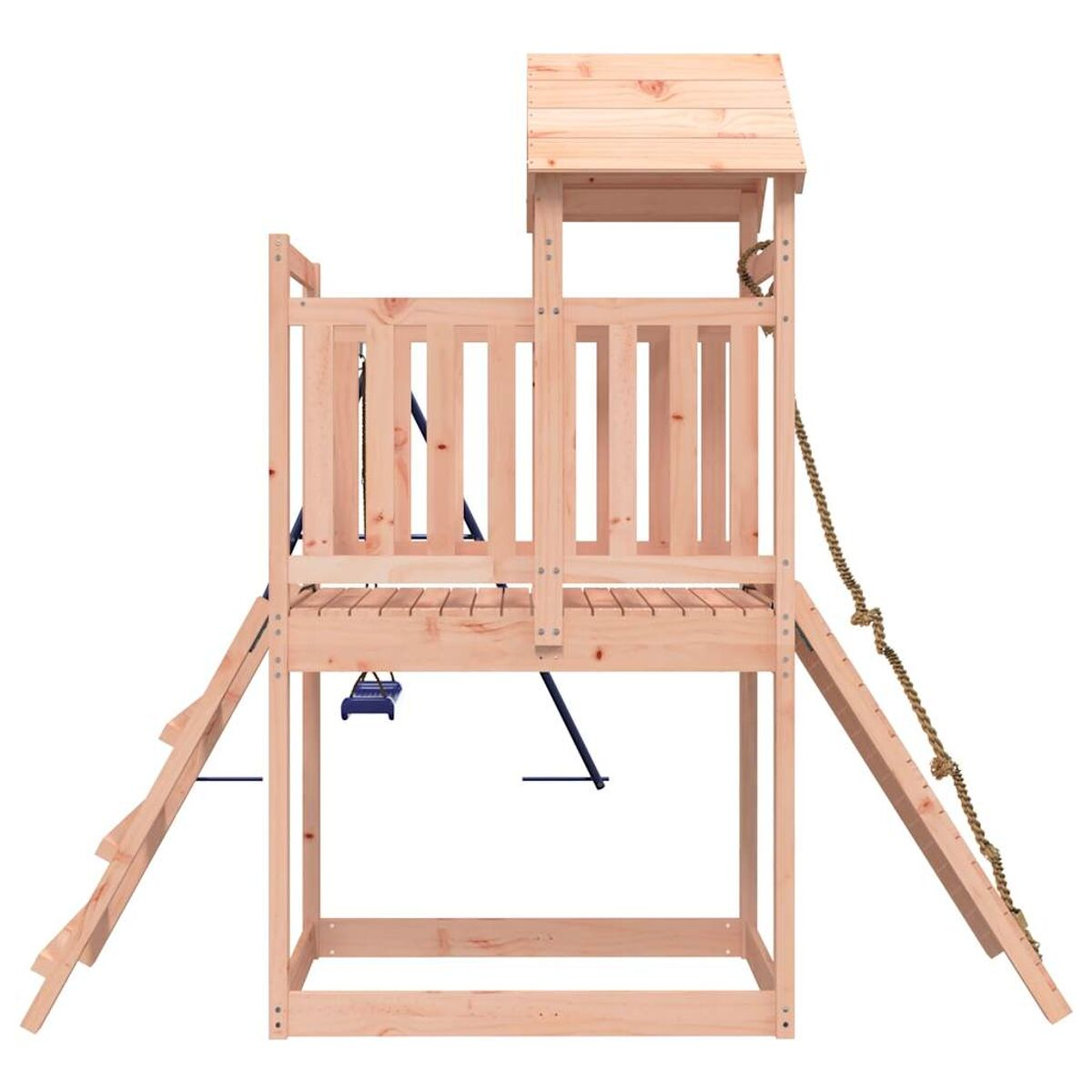 Spielplatz aus Holz mit Leiter, Rutsche, Schaukel und einer kleinen Plattform.