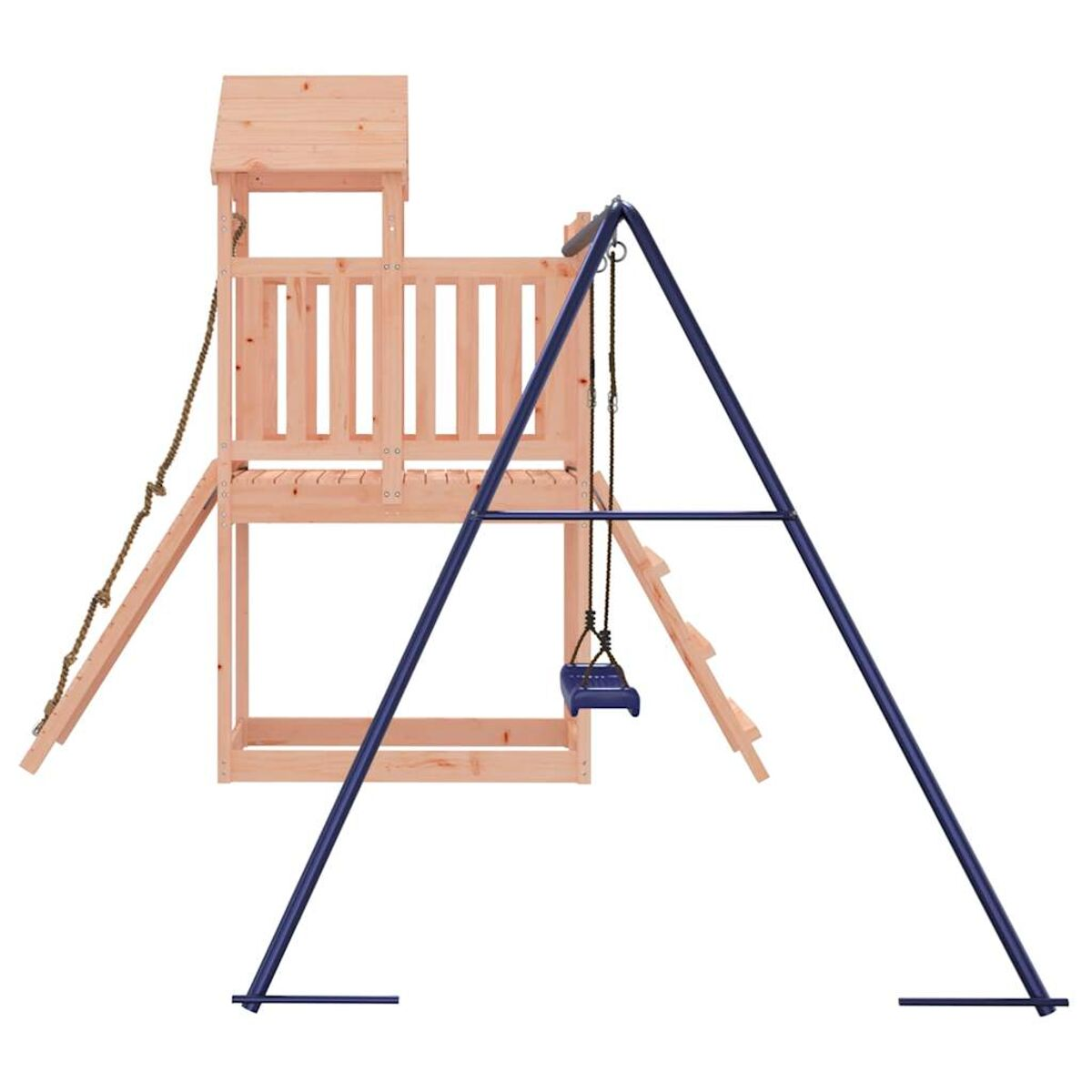 Spielplatz aus Holz mit Schaukel und Rutsche.
